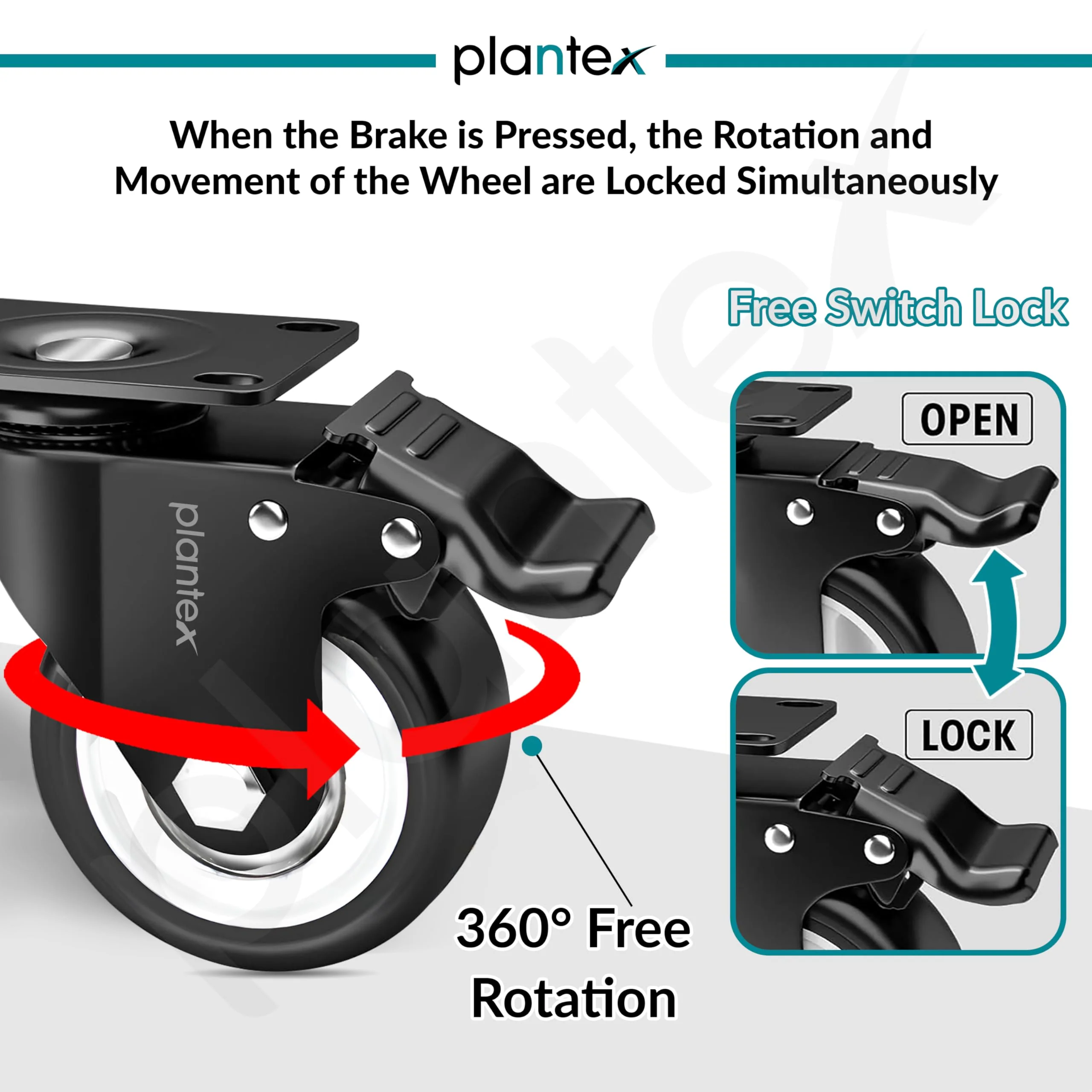 Plantex 1.5 Inch Caster Wheel/Heavy Duty Soft PU Swivel Caster Wheels with 360 Degree No Noise/Wheels for Furniture/Trolley Cart/Sofa/Table - Black - Set of 4 (2 with Brakes & 2 Without) - Image 4