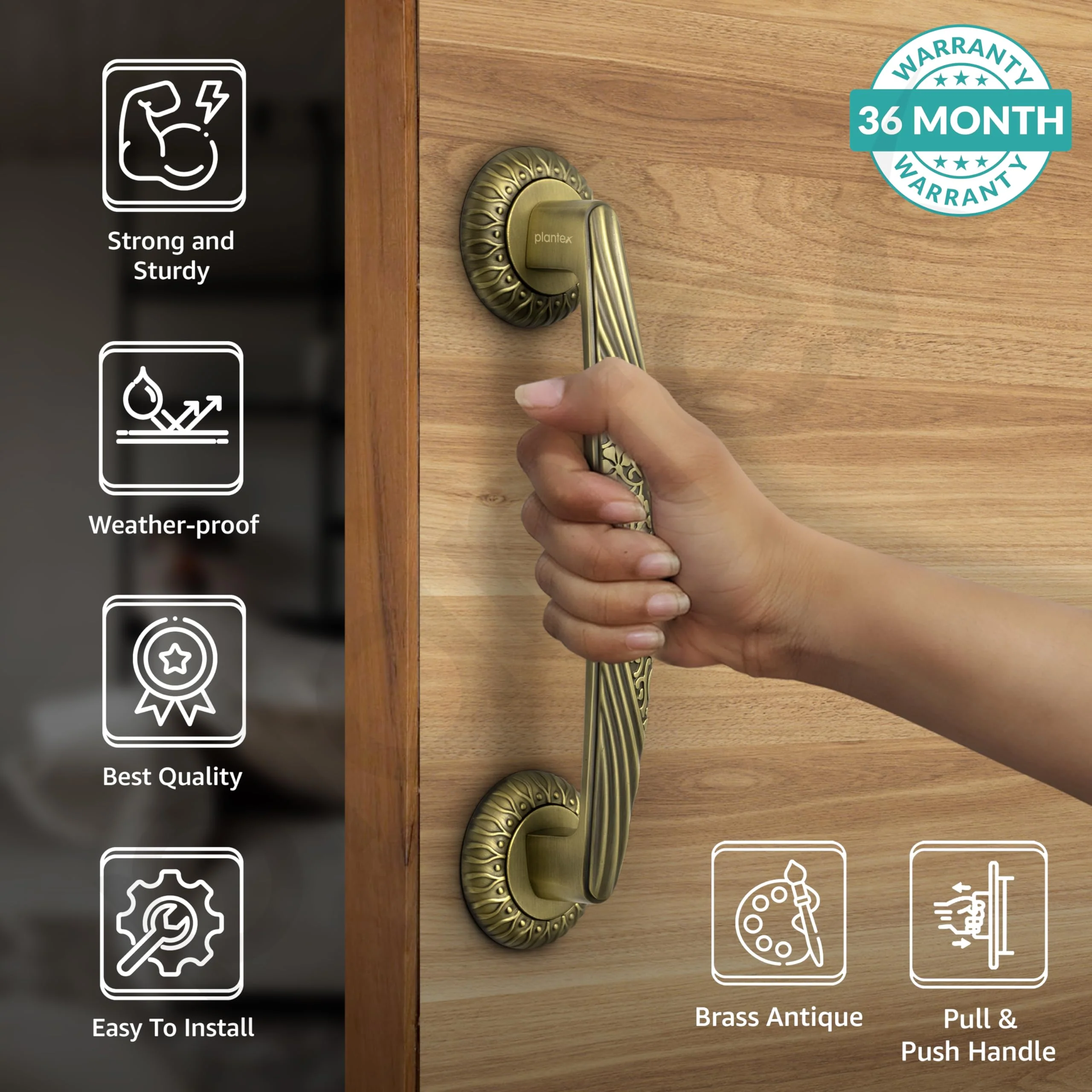 Plantex 10 Inch Main Door Handle for Wooden Doors - Pull-Push Handle Accessory (Pack of 1, Brass Antique) - Image 2