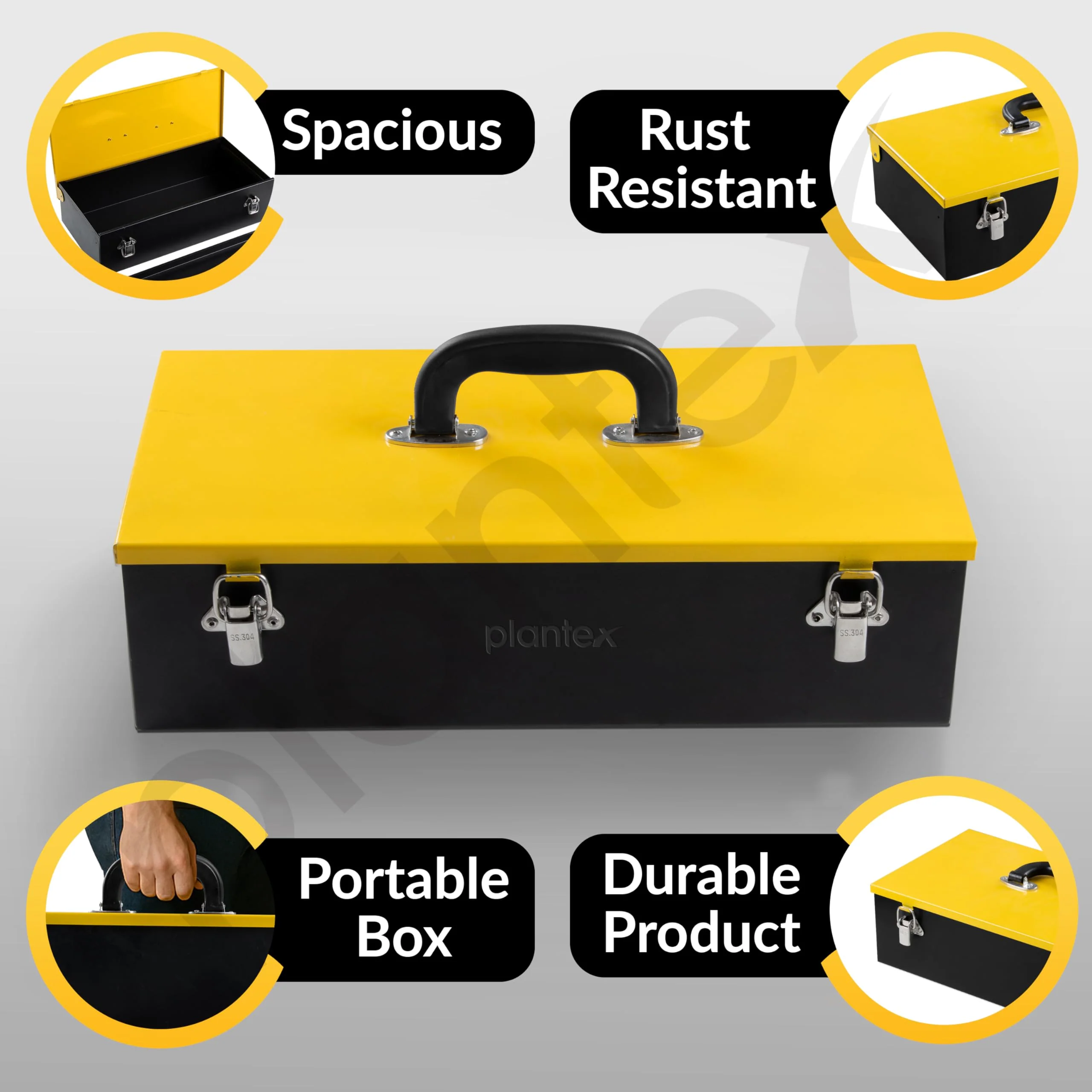 Plantex 16-inch Metal Tool Box/Tool Box for Home/Storage Box With Clear Top Lid & Removable Tray Compartment For Easy & Convenient Storage/Multi-Purpose Compact Tools Box (Yellow & Black) - Image 3
