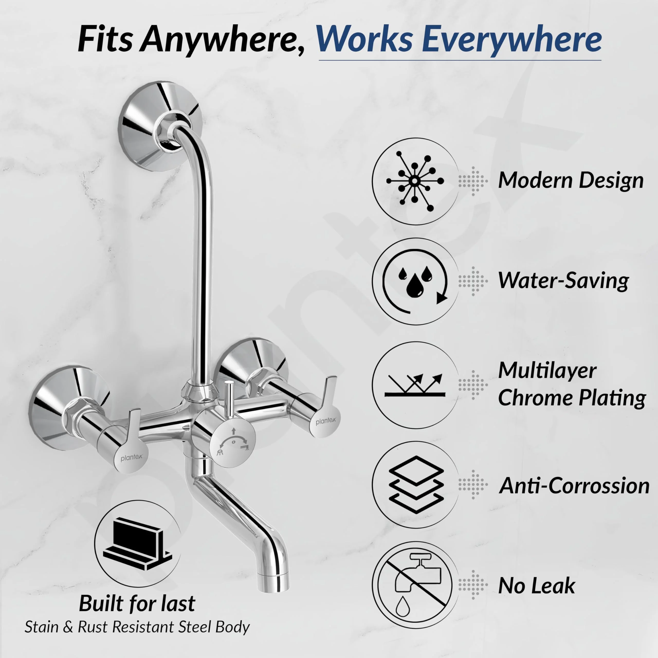 Plantex 2 In 1 Wall Mixer for Bathroom/Mixer L-Bend Provision for Overhead/Mixer Tap for Bathroom with Water Saving Nozzle and Wall Flange (RIO, Chrome) - Image 4