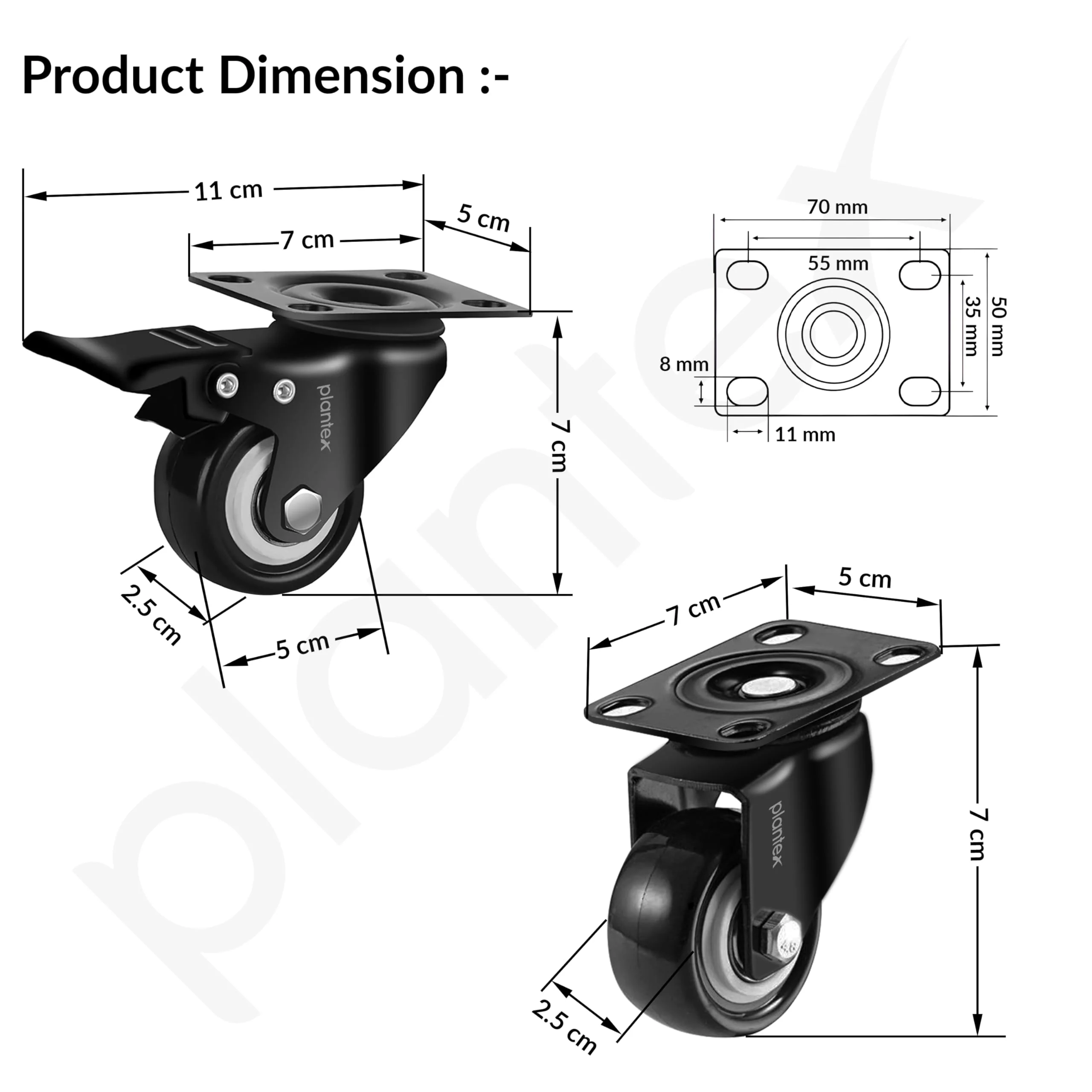 Plantex 2 Inch Caster Wheel/Soft PU Swivel Caster Wheels with 360 Degree and No Noise/Wheels for Furniture/Trolley Cart/Table (Black) - Set of 4 (2 with Brakes & 2 Without) - Image 3
