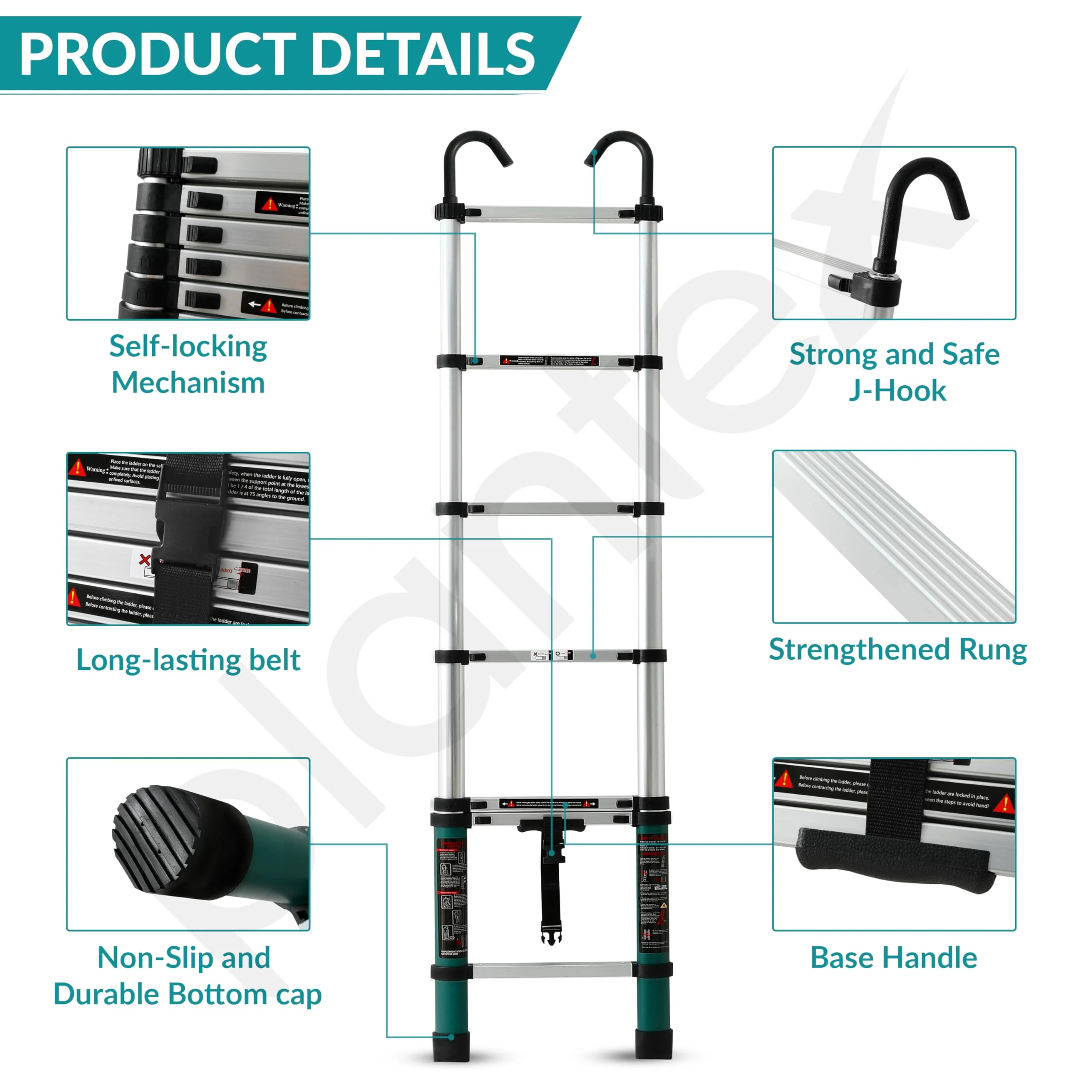 Plantex 2m (6.5 ft.) Aluminium Telescopic Ladder/7-Steps Portable Ladder with Removable Hooks/Foldable Multipurpose Collapsible Ladder for Home & Outdoor Use/2 Years of Warranty - (Green) - Image 3
