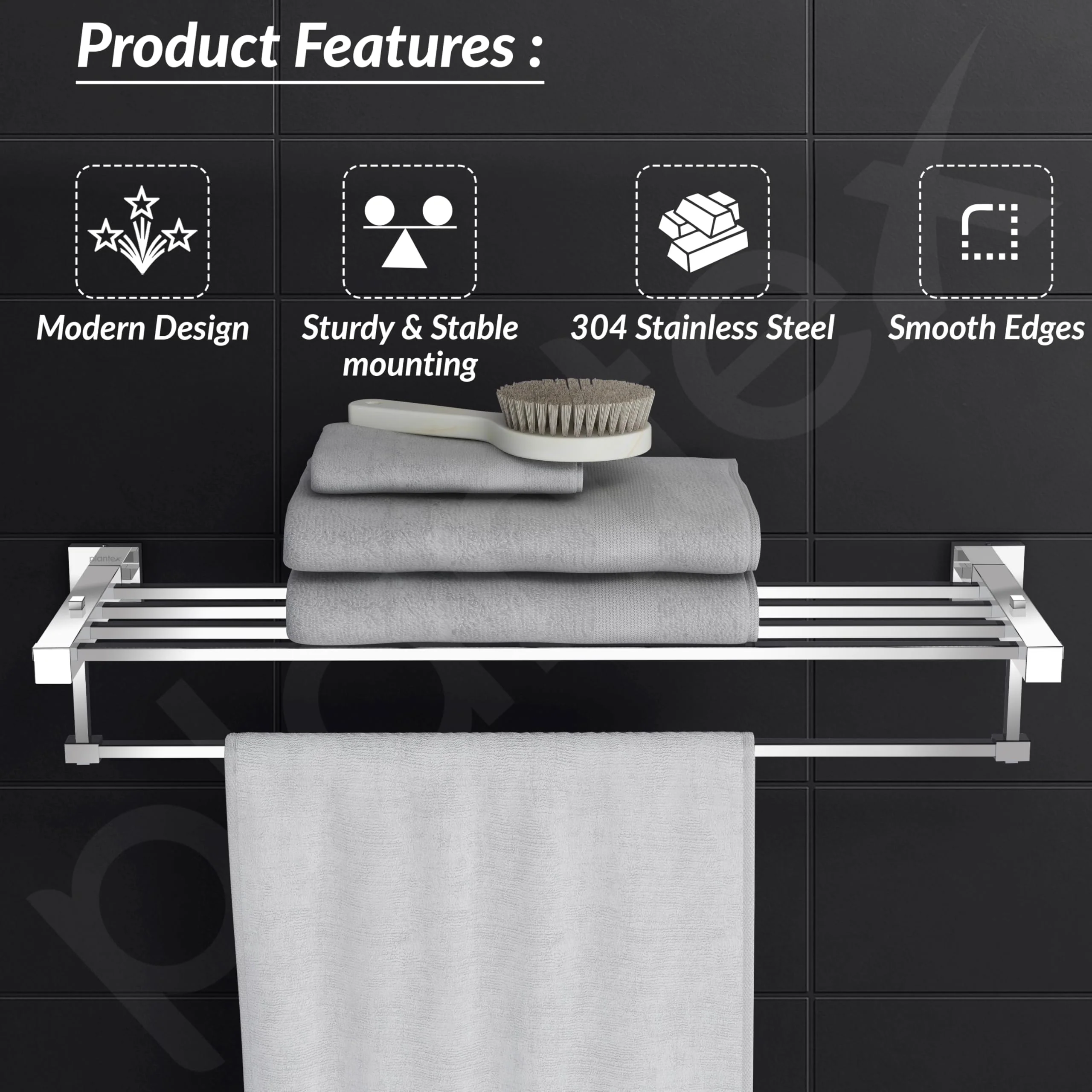 Plantex 304 Grade Stainless Steel 24 inch Towel Rack/Towel Hanger for Bathroom/Towel Rod/Towel Bar/Bathroom Accessories - Splash (Chrome) - Image 2