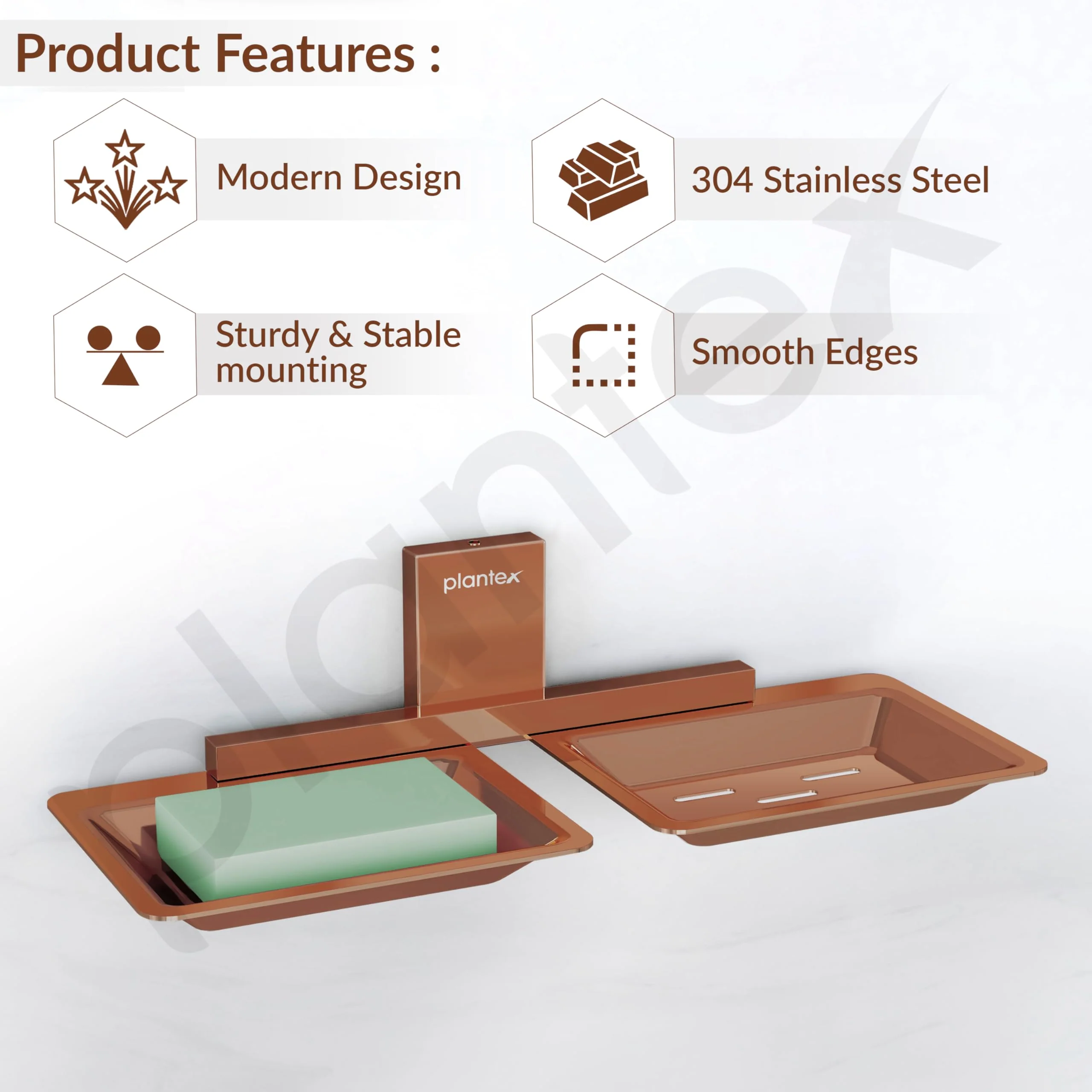 Plantex 304 Grade Stainless Steel Double Soap Stand/Dual Soap Dish/Soap Case/Soap Storage/Soap Holder for Bathroom/Bathroom Accessories - Pack of 1 (Crystal, PVD Rose Gold) - Image 2
