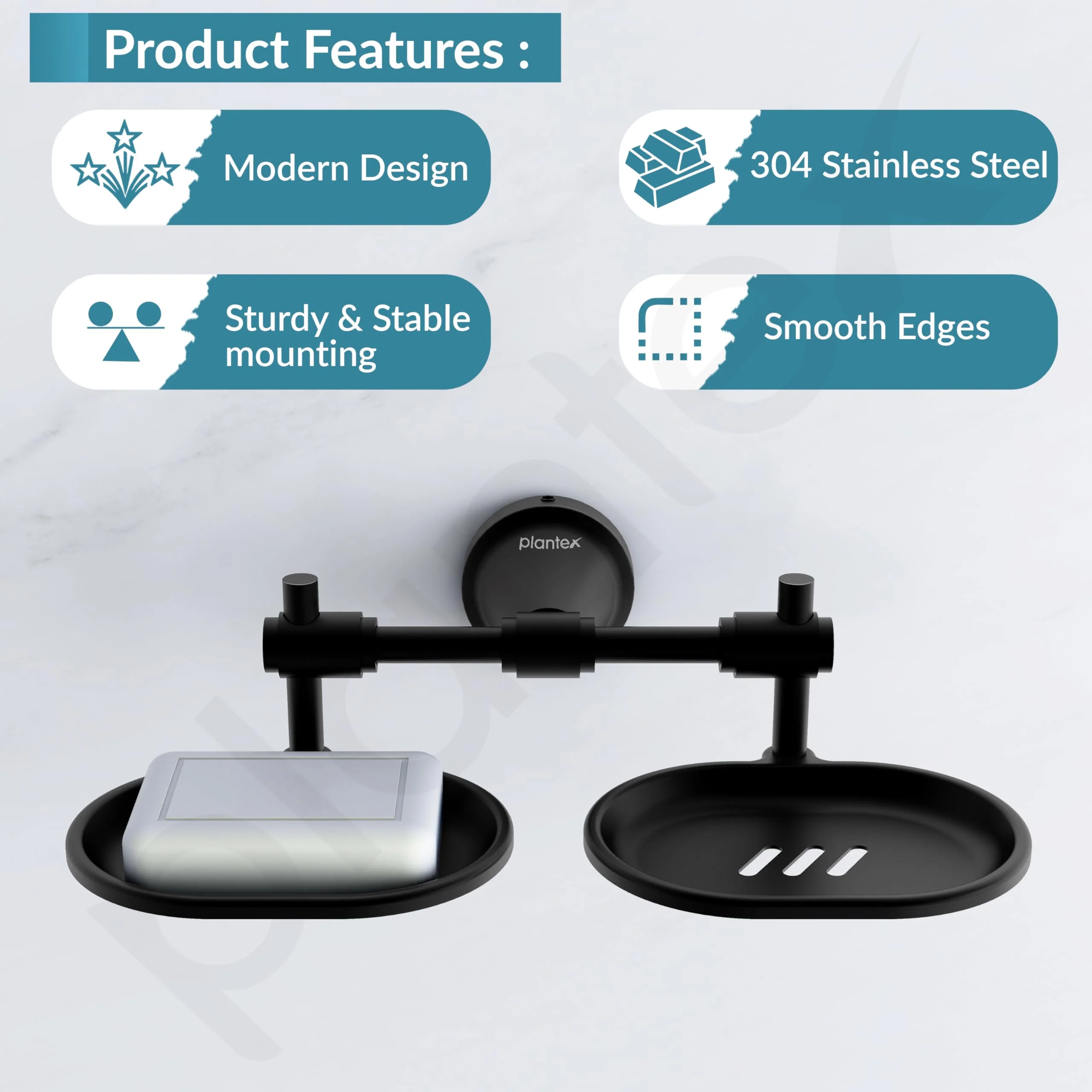 Plantex 304 Grade Stainless Steel Dual Soap Dish for Bathroom/Soap Stand/Wall Mounted Soap Holder for Bathroom Accessories Niko (Black) - Image 2