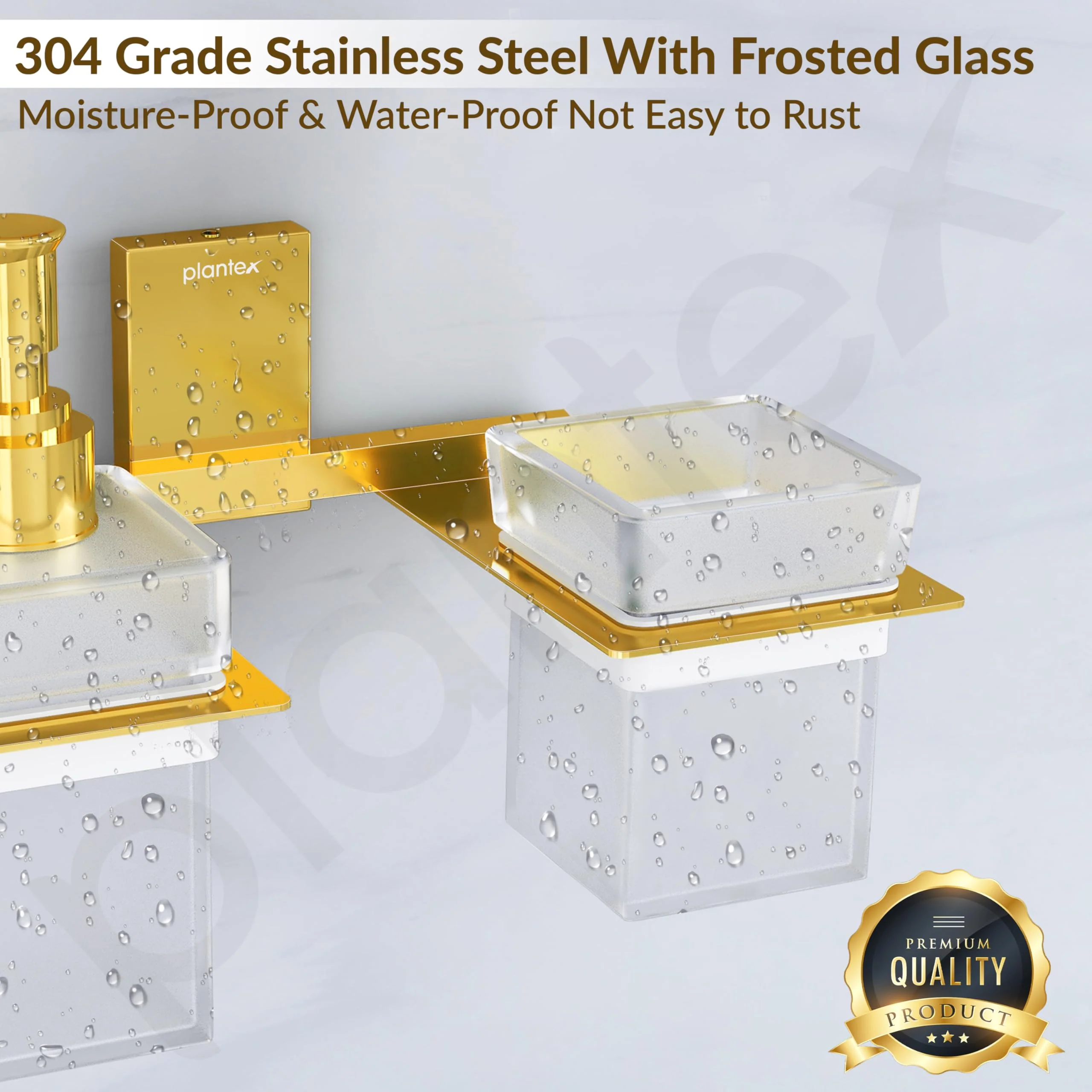 Plantex 304 Grade Stainless Steel Glass Liquid Dispenser with Tumbler Holder/Toothbrush Holder/Shampoo Dispenser for Washbasin/Kitchen/Bathroom Accessories - Pack of 1 (Crystal, PVD Gold) - Image 4