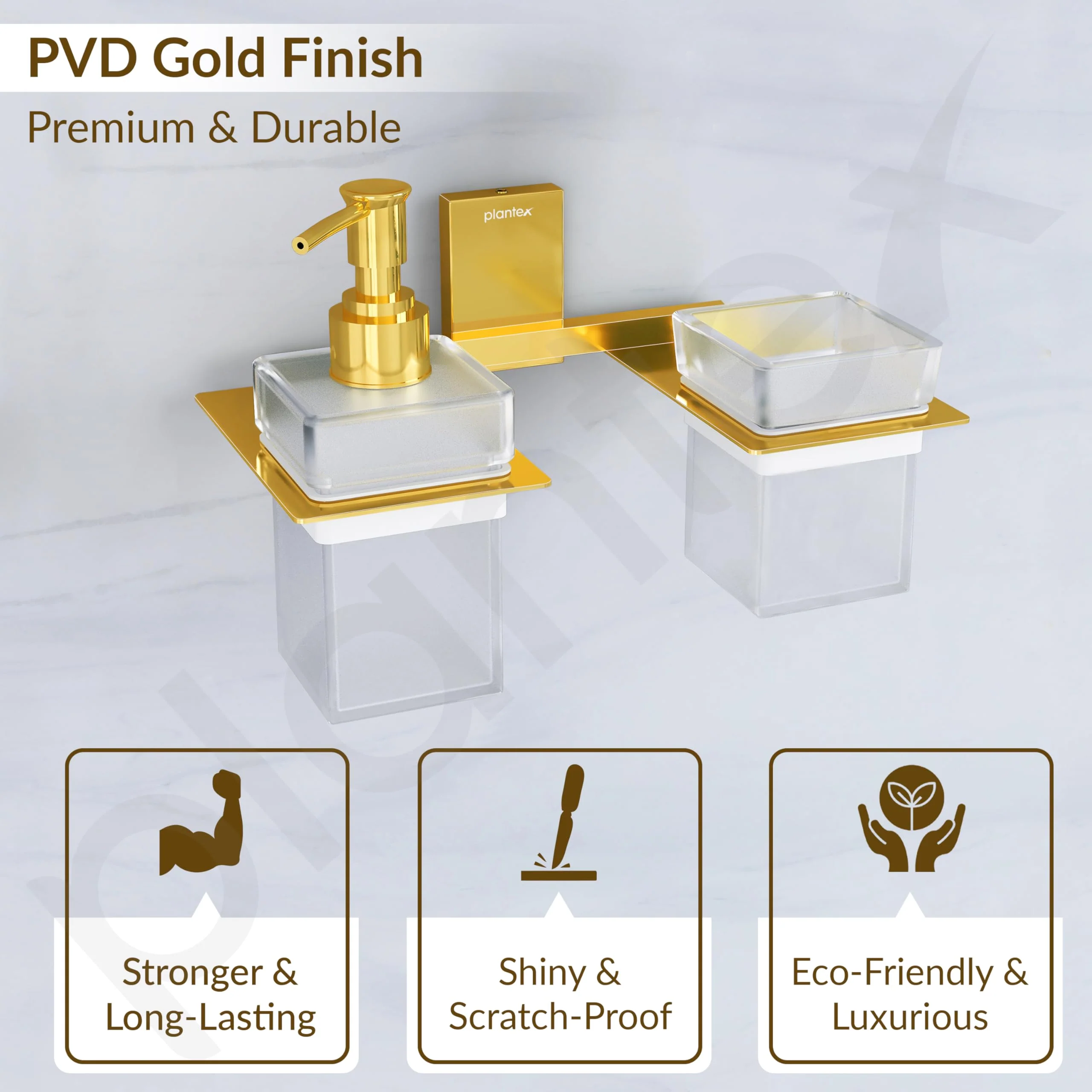 Plantex 304 Grade Stainless Steel Glass Liquid Dispenser with Tumbler Holder/Toothbrush Holder/Shampoo Dispenser for Washbasin/Kitchen/Bathroom Accessories - Pack of 1 (Crystal, PVD Gold) - Image 5