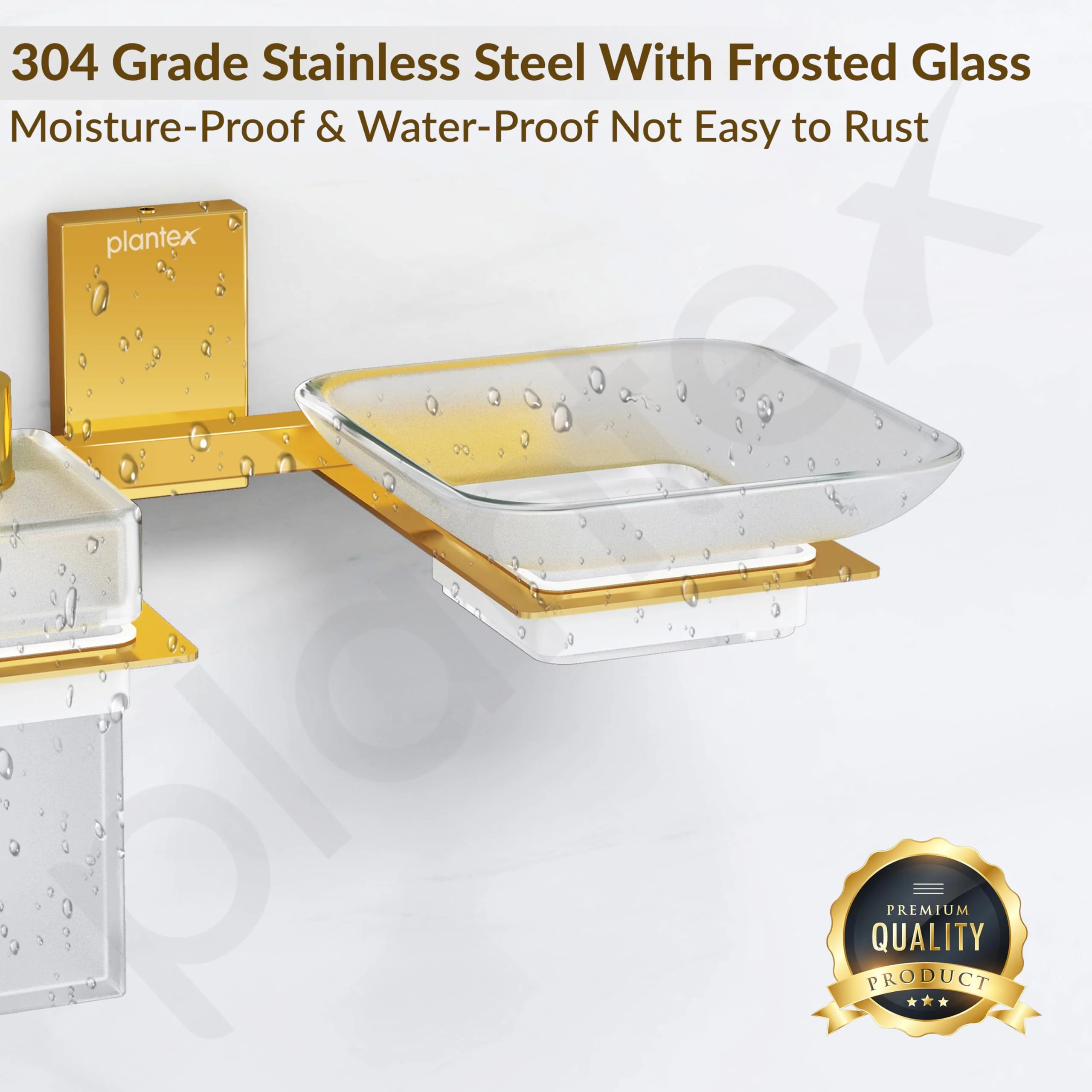 Plantex 304 Grade Stainless Steel Glass Soap Dish with Liquid Dispenser for Bathroom/Soap Stand/Glass Shampoo Dispenser/Bathroom Accessories - Pack of 1 (Crystal, PVD Gold) - Image 4