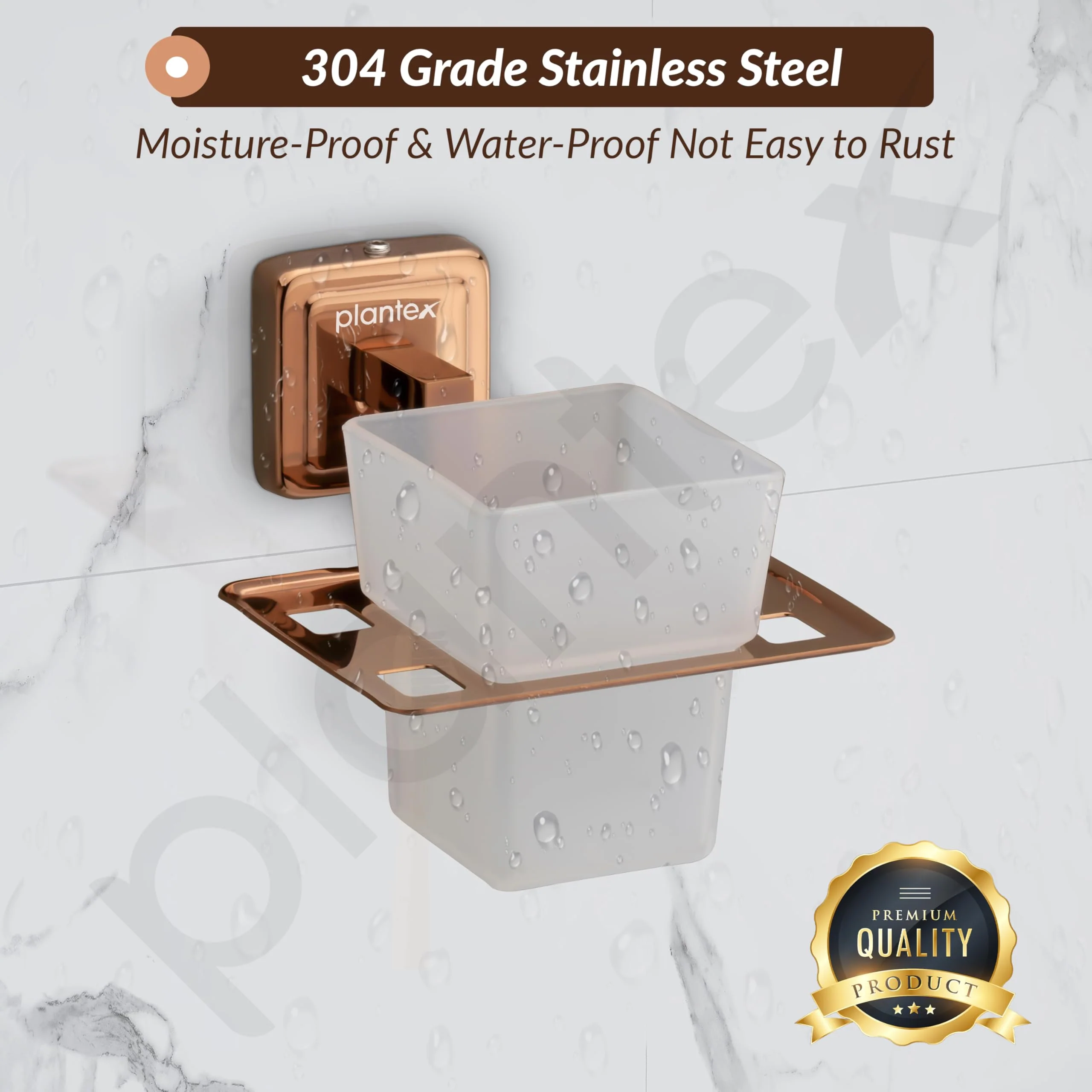 Plantex 304 Grade Stainless Steel Glass Toothbrush Holder/Stand/Toothpaste Stand/Tumbler Holder for Bathroom - Decan (Rose Gold) - Image 6