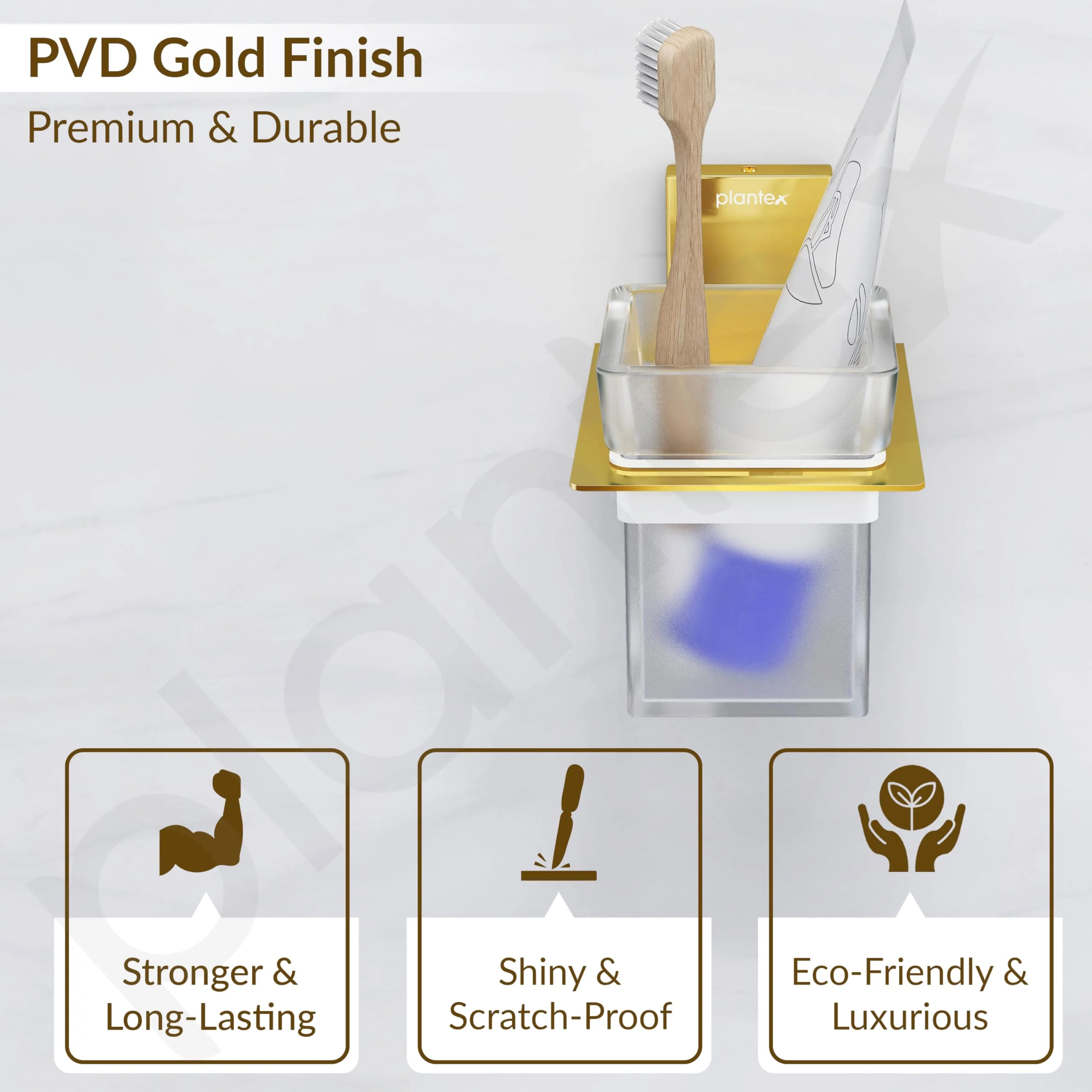 Plantex 304 Grade Stainless Steel Glass Tumbler Holder/Toothbrush Holder for Bathroom/Bathroom Accessories – Pack of 1 (Crystal, PVD Gold) - Image 5
