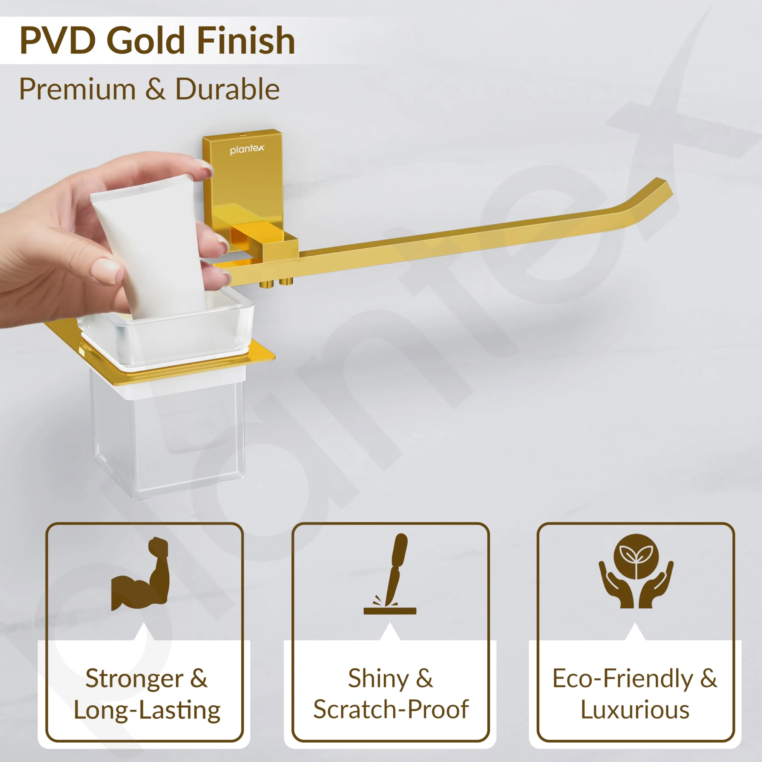 Plantex 304 Grade Stainless Steel Glass Tumbler Holder with Napkin Ring/Toothbrush Holder/Towel Holder for Bathroom/Bathroom Accessories - Pack of 1 (Crystal, PVD Gold) - Image 5