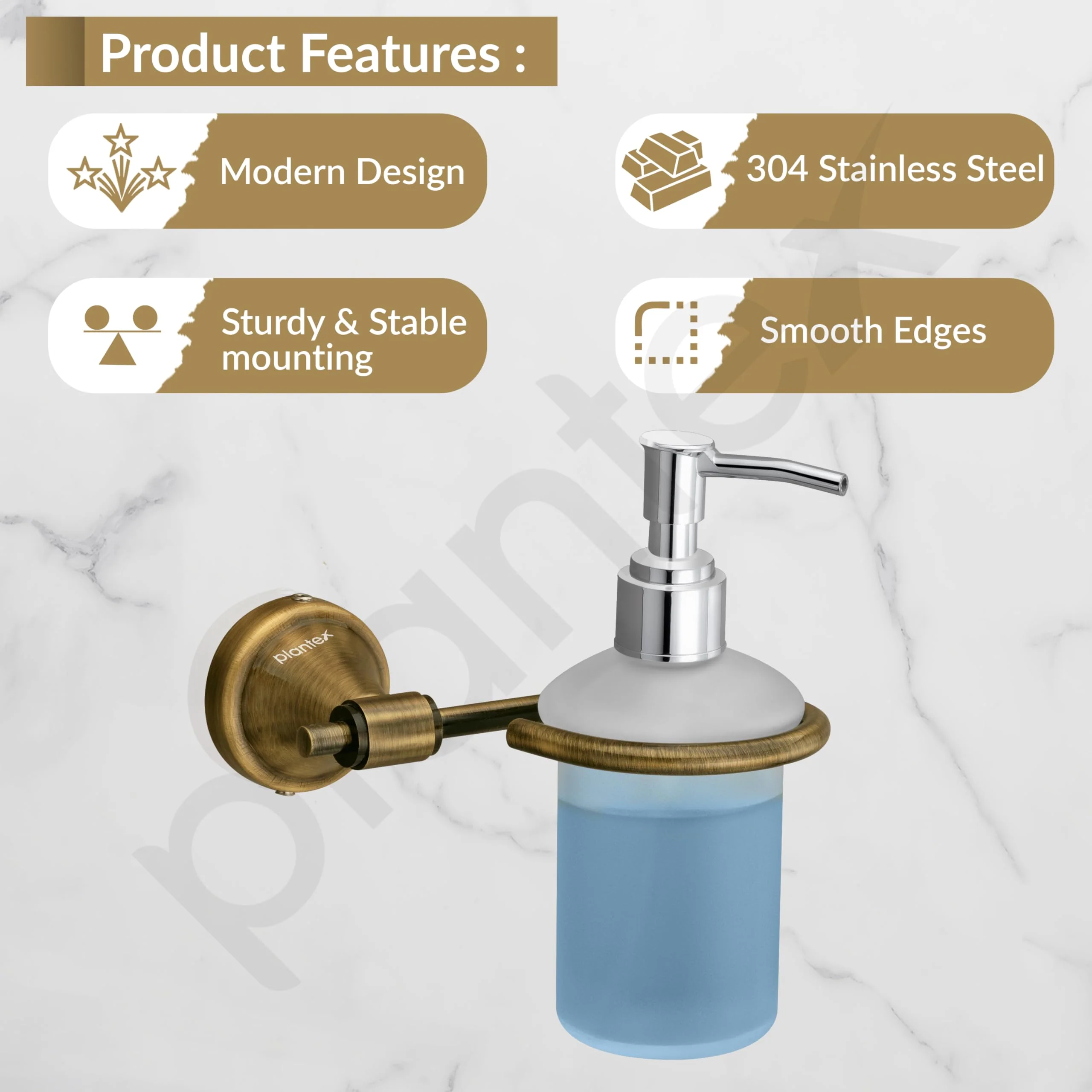 Plantex 304 Grade Stainless Steel Hand Wash Holder for Wash Basin Liquid Soap Dispenser/Bathroom Accessories - Niko (Antique) - Image 2