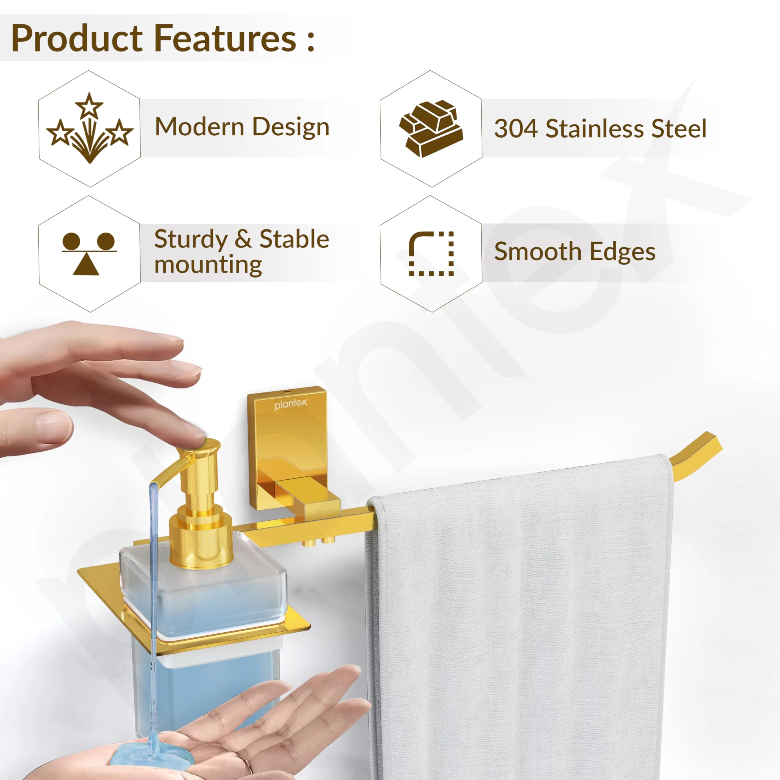 Plantex 304 Grade Stainless Steel Liquid Soap Dispenser with Napkin Ring/Shampoo Dispenser/Towel Ring for Bathroom/Bathroom Accessories - Pack of 1 (Crystal, PVD Gold) - Image 2