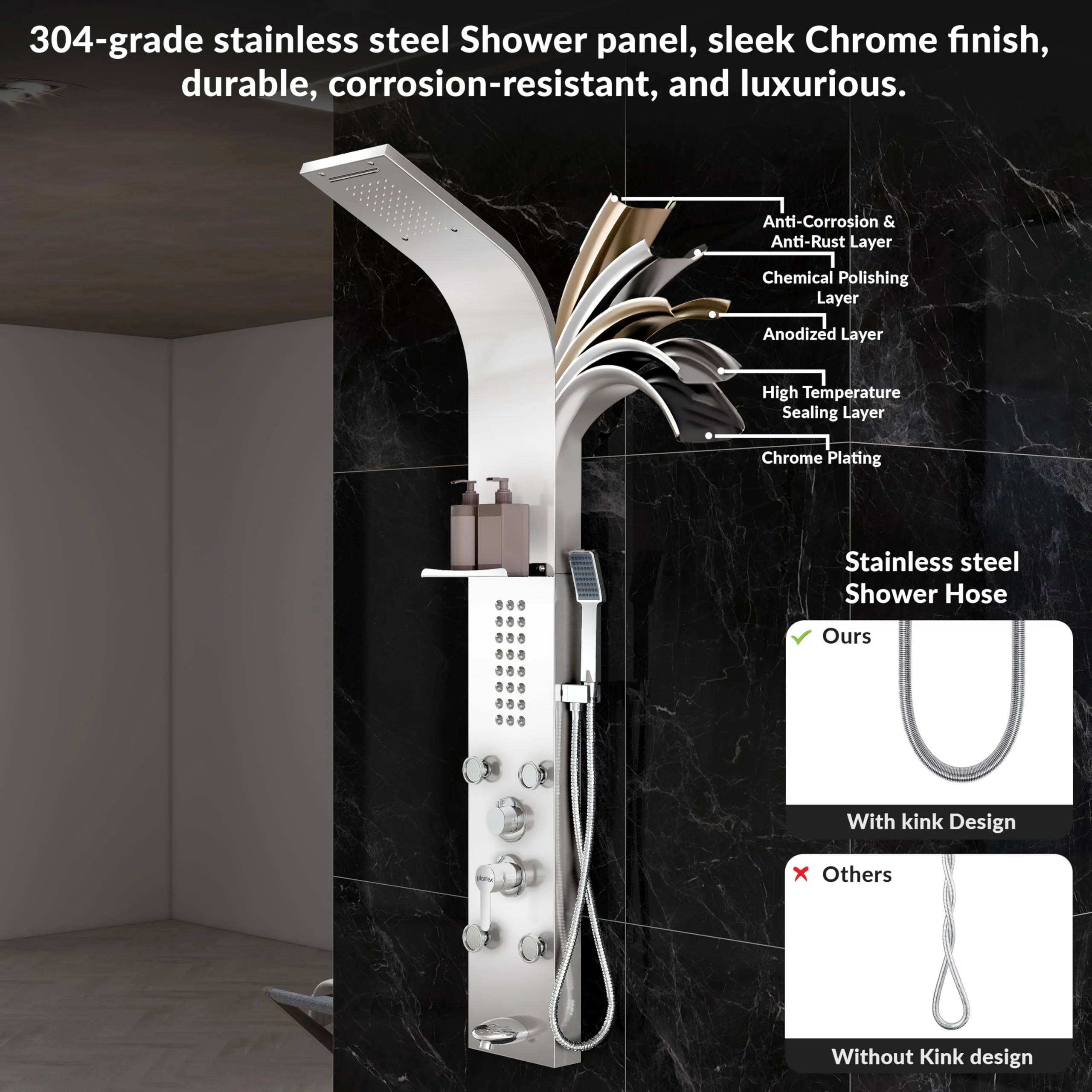 Plantex 304 Grade Stainless Steel Shower Panel/6 in 1 Shower System/Handshower with Waterfall Outlet/Tub Spout/Body Massage Spray With Hot &cold Mixer- (1015, Chrome) - Image 2