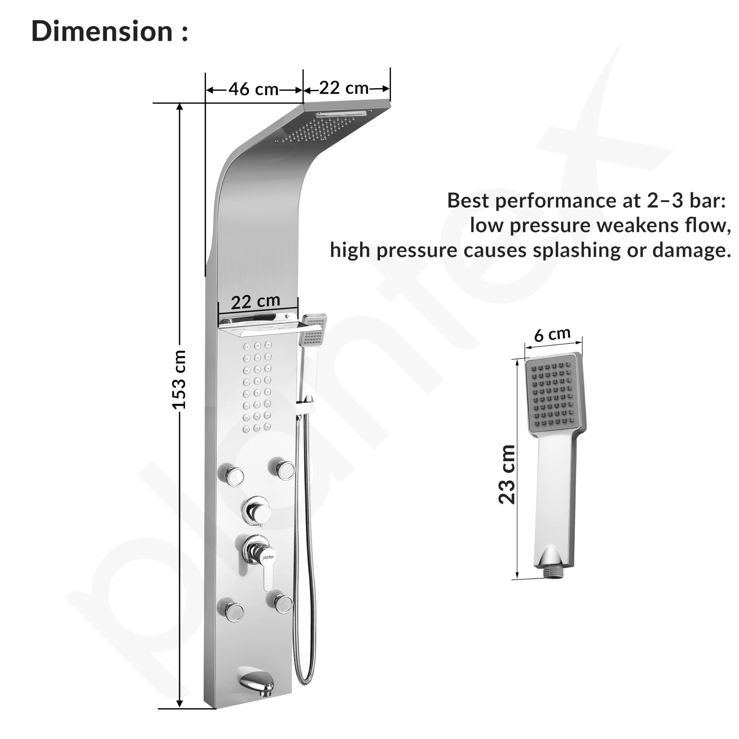 Plantex 304 Grade Stainless Steel Shower Panel/6 in 1 Shower System/Handshower with Waterfall Outlet/Tub Spout/Body Massage Spray With Hot &cold Mixer- (1015, Chrome) - Image 4