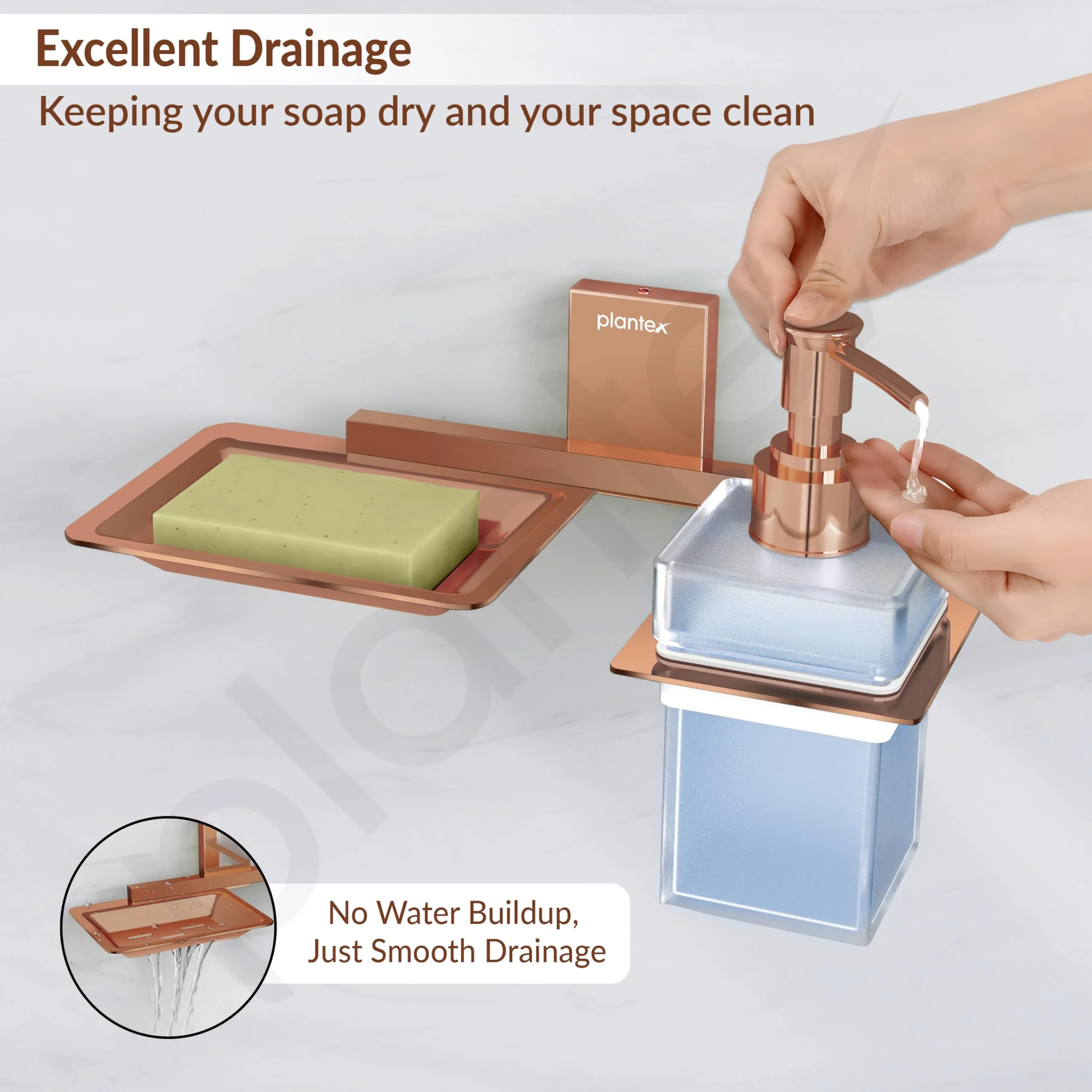 Plantex 304 Grade Stainless Steel Soap Dish with Liquid Dispenser/Soap Stand/Shampoo Dispenser for Bathroom/Bathroom Accessories - Pack of 1 (Crystal, PVD Rose Gold) - Image 7