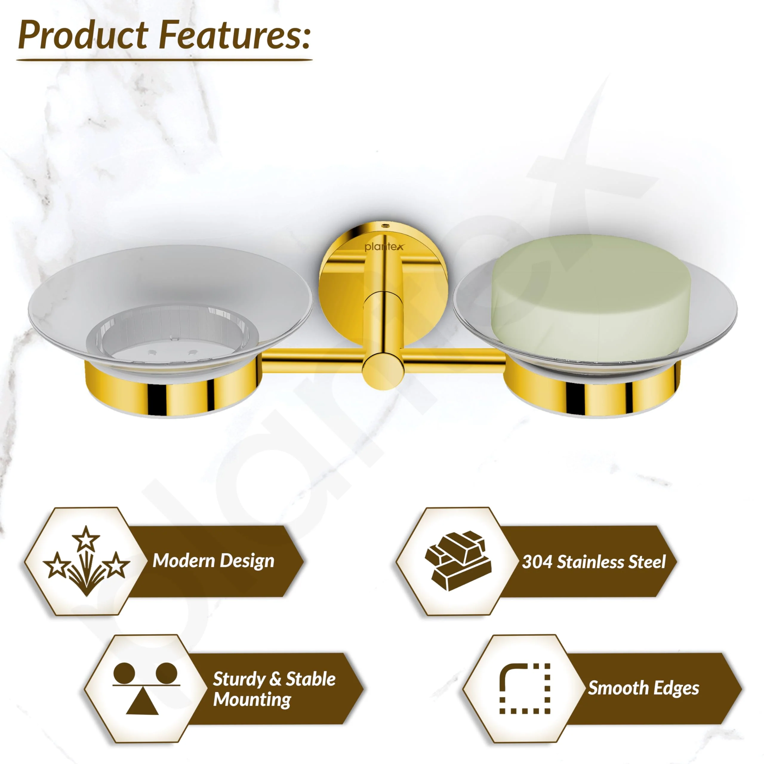 Plantex 304 Grade Stainless Steel Twin Soap Holder Stand for Bathroom and Wash Basin/Bathroom Accessories - Oreo (Gold) - Image 2