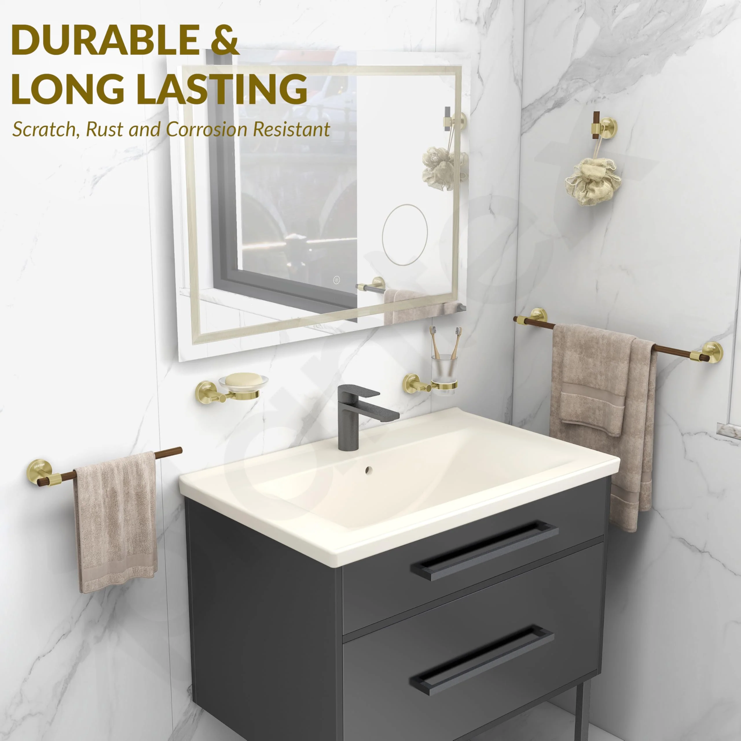 Plantex 304 Stainless Steel and Wood Bathroom Set/Glass Soap Holder & Tumbler Holder/Towel Rod/Napkin Hanger for Washbasin/Robe Hook/Bathroom Accessories - Set of 5 (Gold & Wood) - Image 4