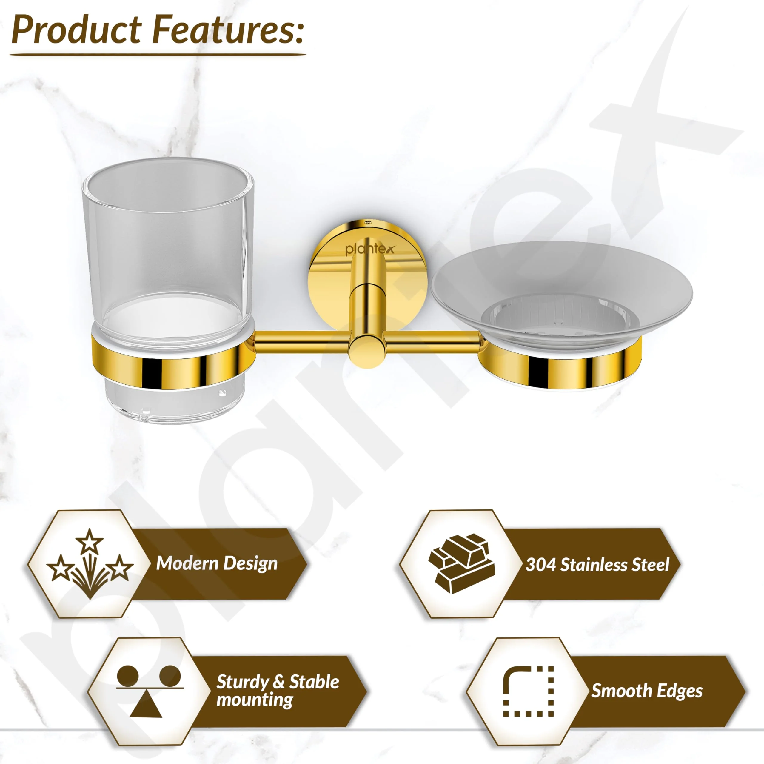 Plantex 304 Stainless Steel Oreo Soap and Brush Holder/Tumbler Holder/Tooth Brush Holder/Soap Holder for Bathroom Accessories - (Gold) - Image 2