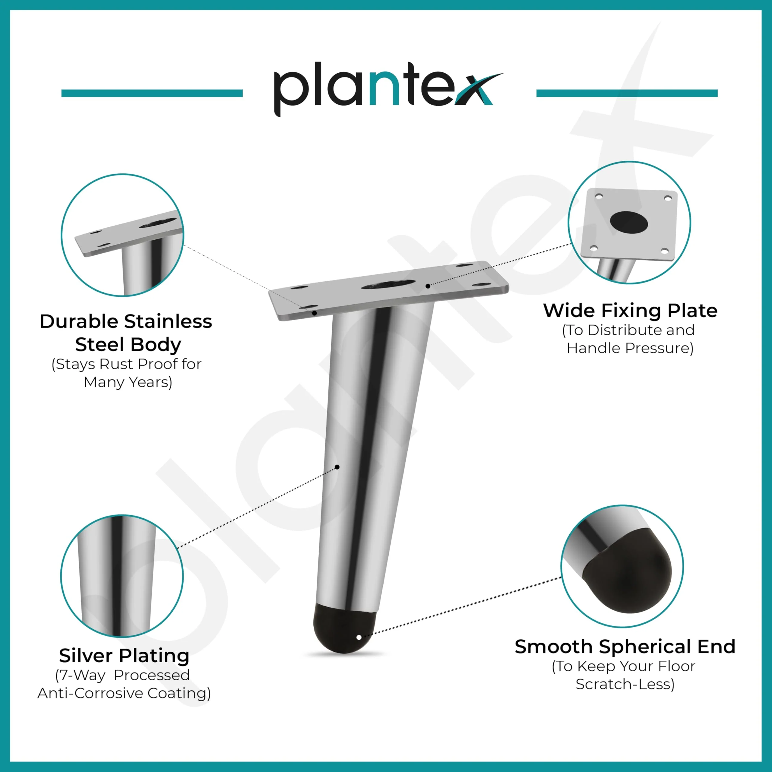 Plantex 4 Inch Sofa Legs for Bed Furniture/Sofa Legs for Table/Sofa Support Legs with Rubber Grip (Chrome Finish, 6 Pcs) - Image 4
