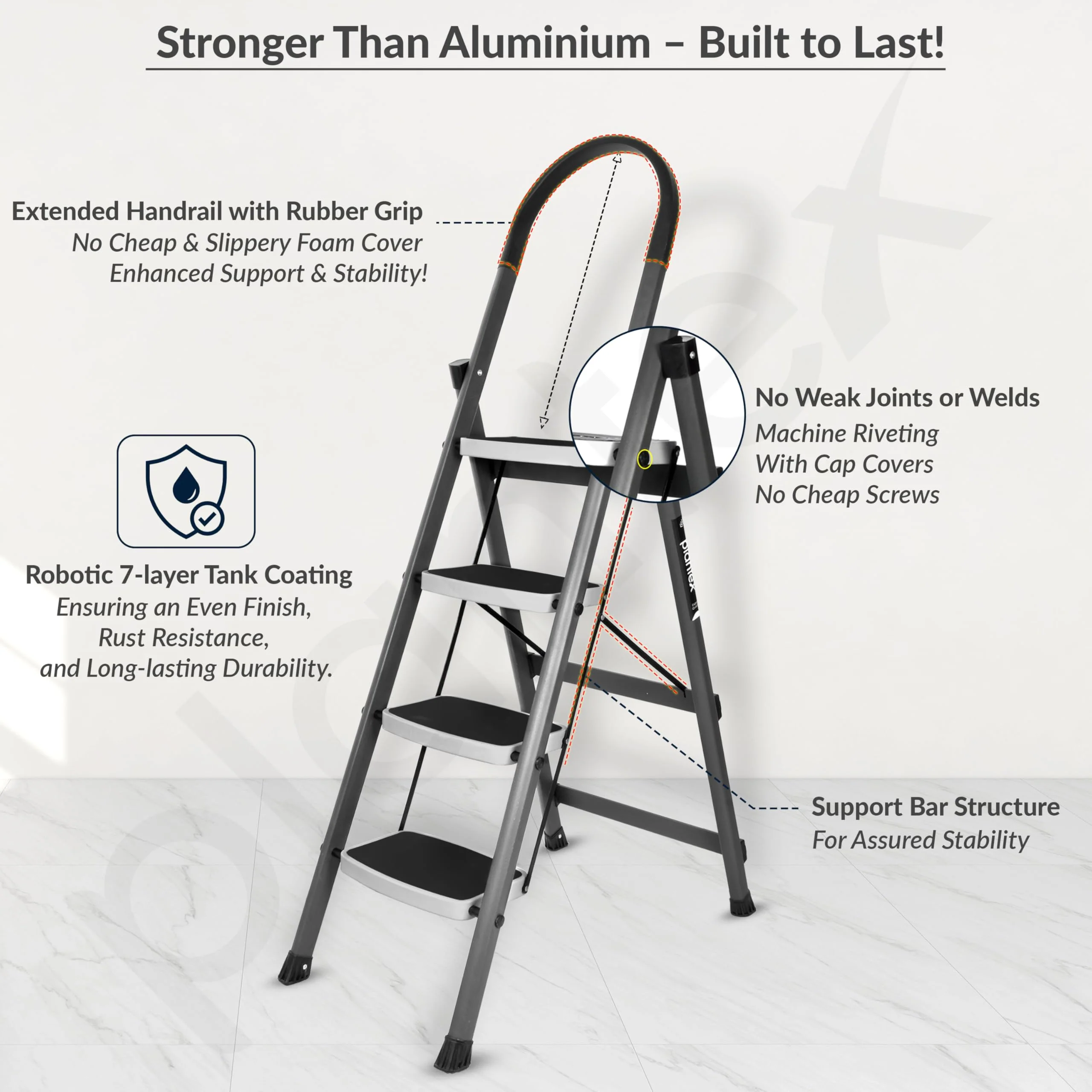 Plantex 4 Step Ladder for Home-Foldable Steel -Wide Anti Skid Steps - 5 Year Manufacturer Warranty (Gray & White) - Image 4