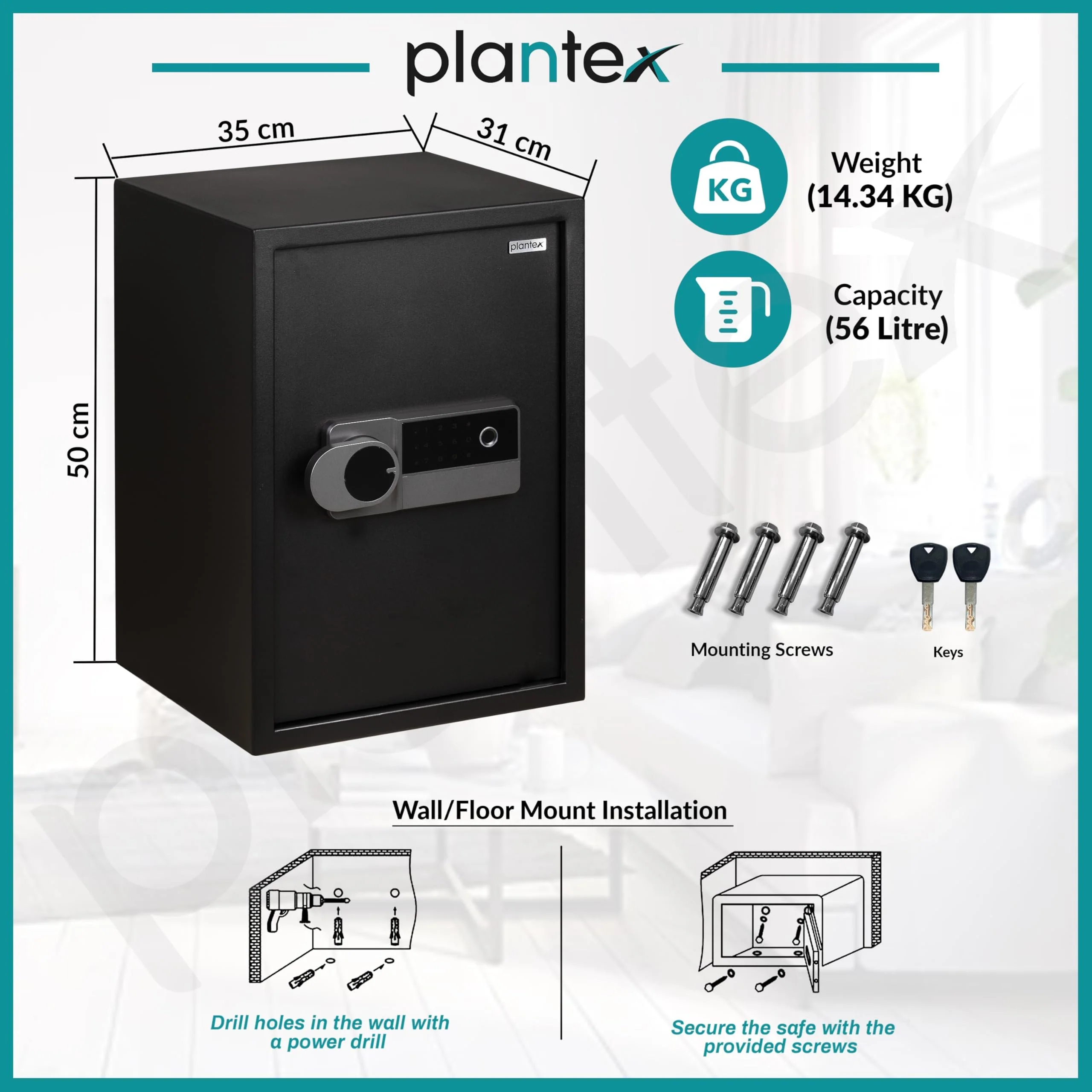 Plantex 56 Litre Digital Safe Locker For Home/Safety Locker Box with Biometric Fingerprint,Touchscreen & Emergency Key/Perfect Security Solution for Valuables/2 Years Warranty By Plantex - Black - Image 3