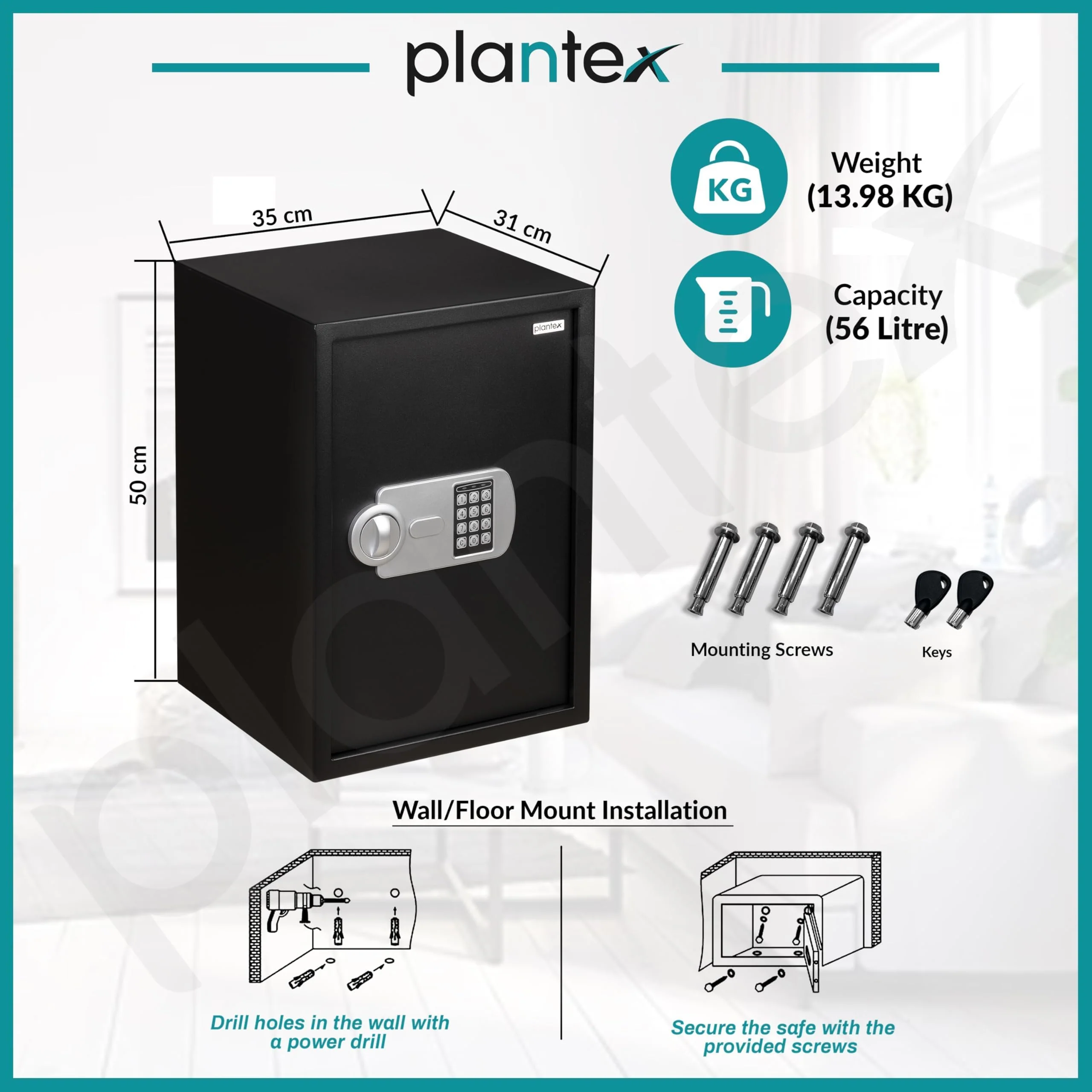Plantex 56 Litre Safe Locker for Home/Hotel Safe Tijori Box/Electronic Safety Locker with Master & User Dual Code Access with Emergency Key/2 Years Warranty By Plantex (Black) - Image 3