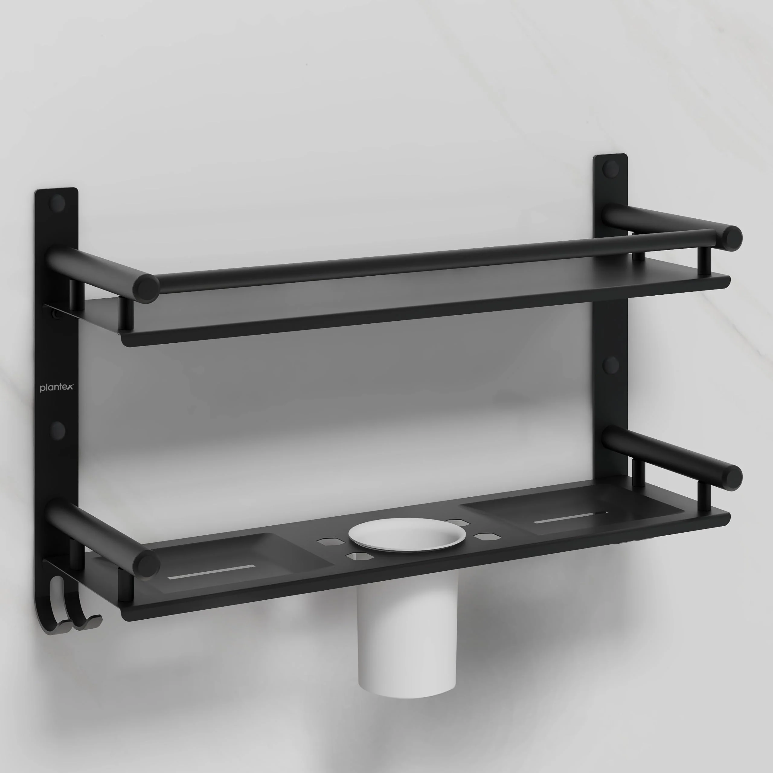 Plantex 5in1 Bathroom Organiser Without Drill/Stainless Steel Bathroom Shelf/Rack with Steel Soap Stand for Wall/Tumbler/Brush Holder/Bathroom Fittings Accessories Set (Black) - Image 7
