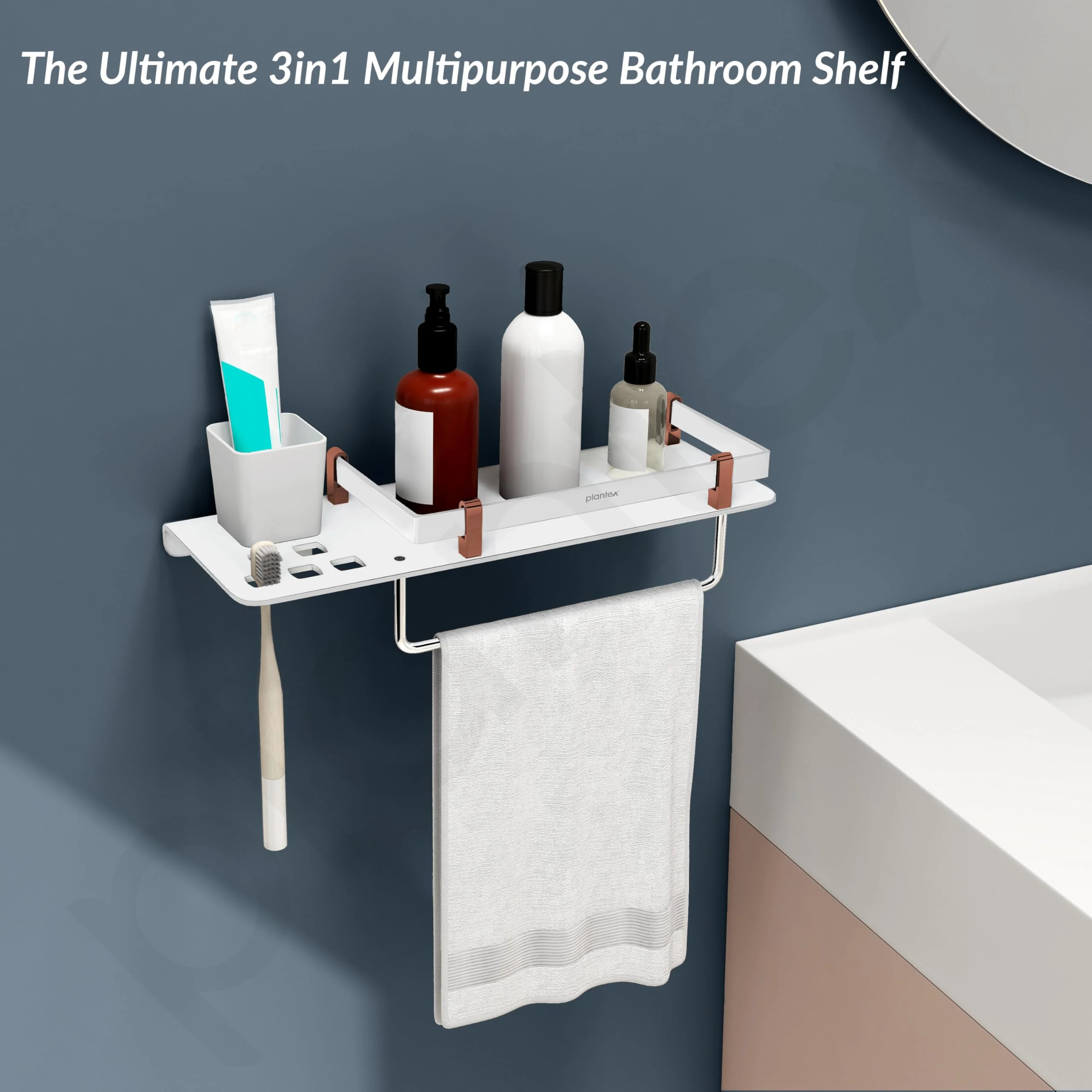 Plantex 5mm Acrylic and ABS Plastic 3 in 1 Multipurpose Bathroom Shelf/Rack/Towel Hanger/Tumbler Holder/Bathroom Accessories (15 x 5 Inches) - Pack of 1 - Image 6