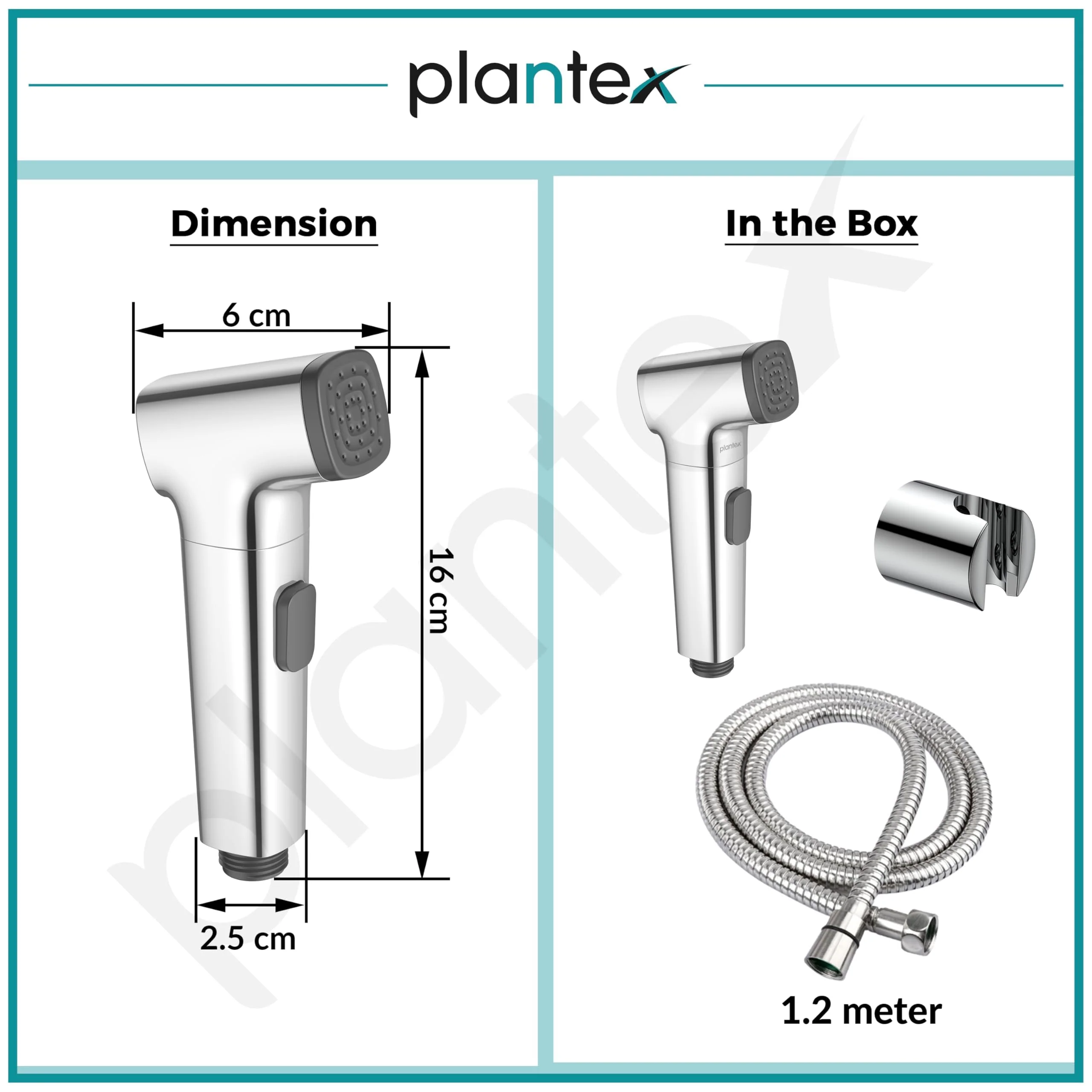 Plantex 6 Inch Health Faucet for Toilet/Jet Spray for Bathroom/Square Hand Jet Spray with 1.2 Meter Flexible Hose Pipe and Wall Brackets - (Chrome) - Image 3