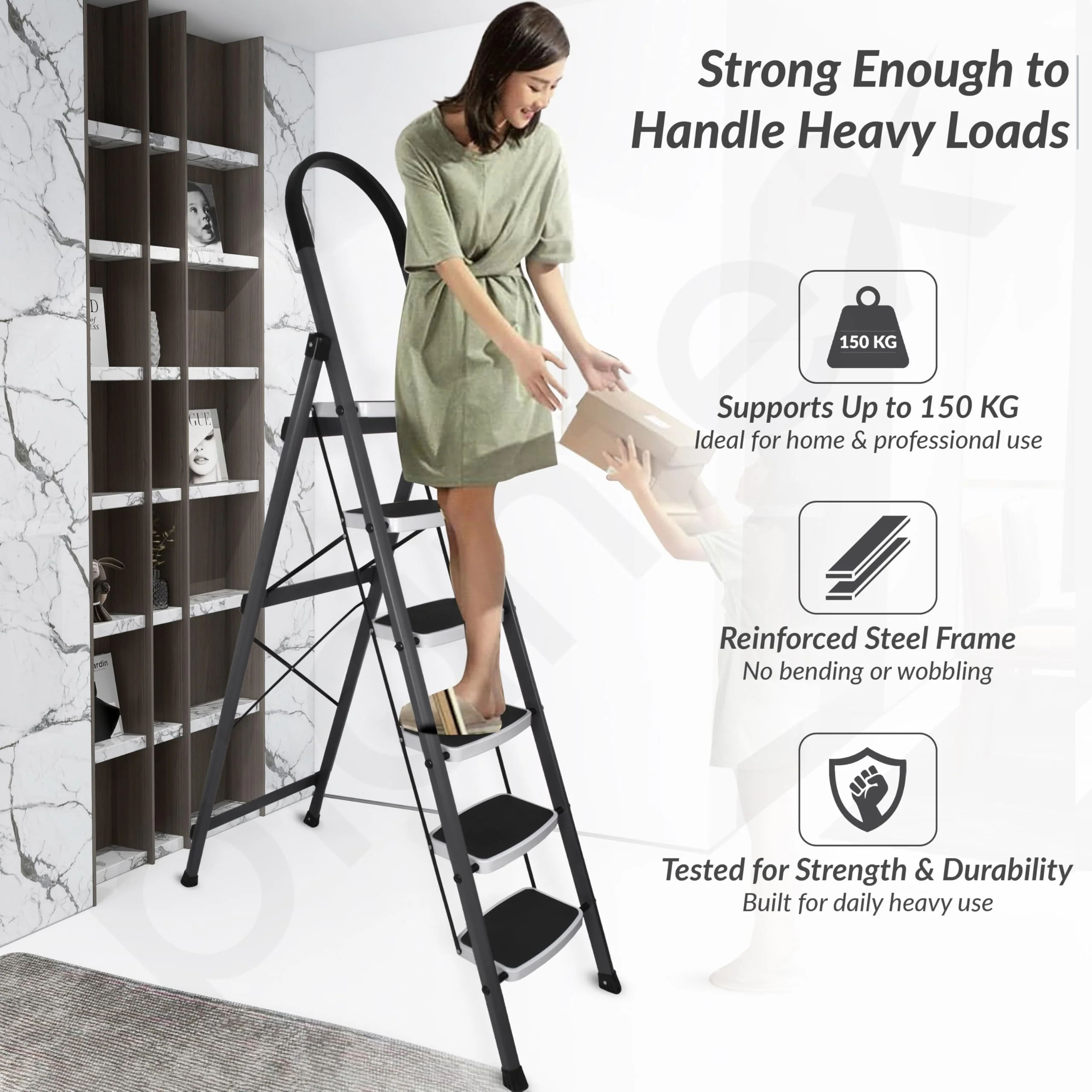 Plantex 6 Step Ladder -Foldable Steel 6 Step Ladder-Wide Anti Skid Steps-Made in India(Grey & White) - Image 6