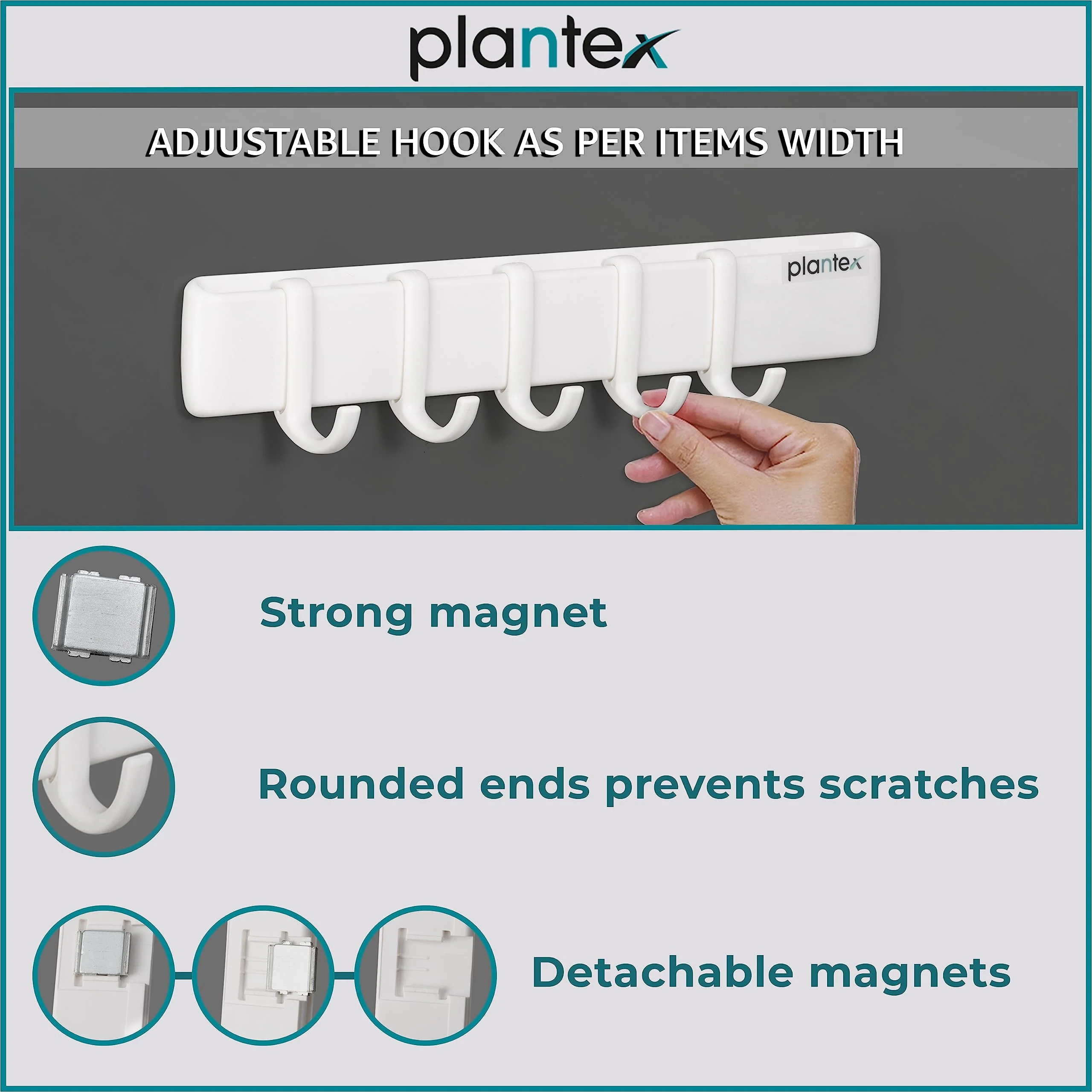 Plantex ABS Plastic Magnetic Hook Rail with J-Shape/Hooks for Wall Without Drilling/Hook Rail Bar for Clothes/Towel/Keys (5 Hooks - White) - Image 4