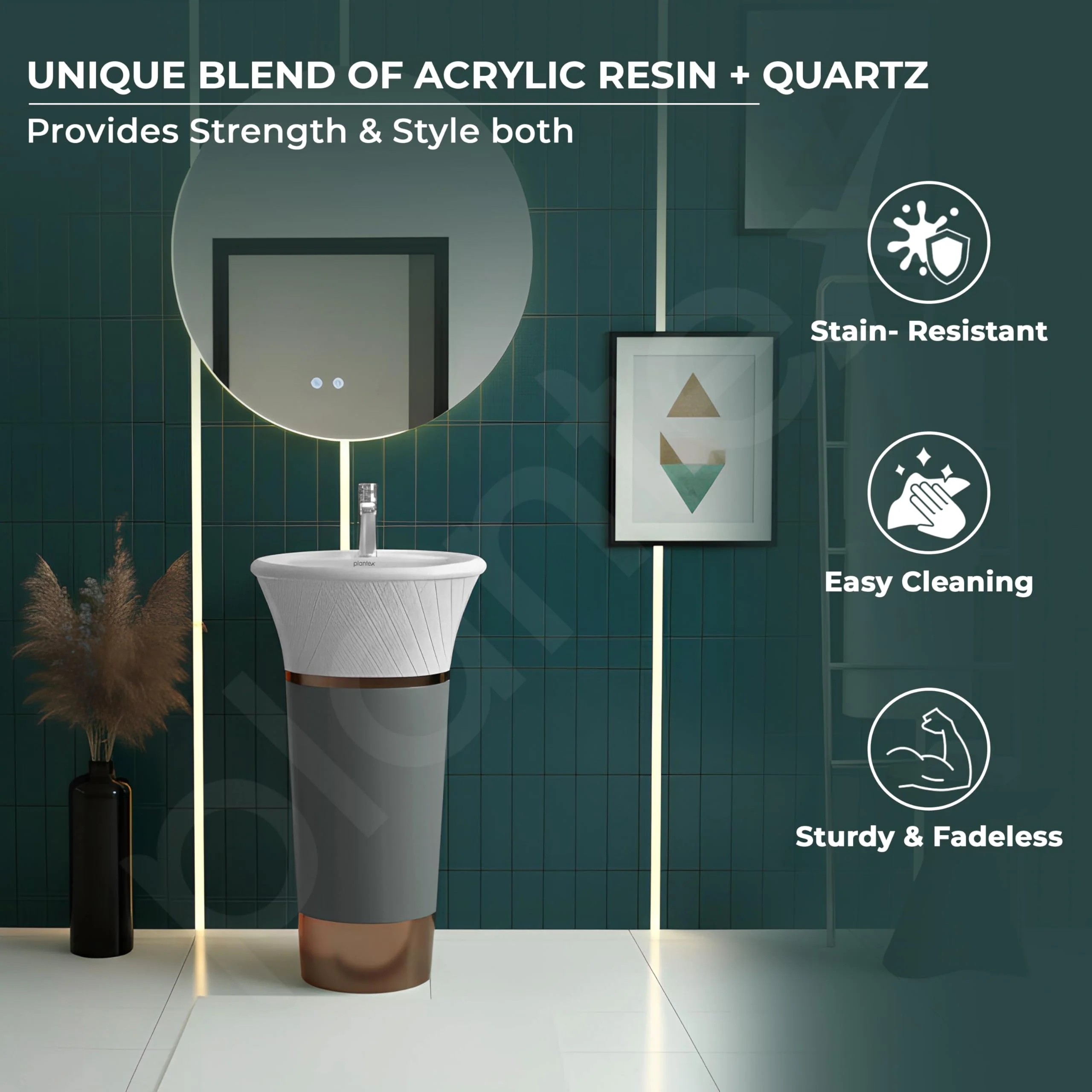 Plantex Acrylic Resin & Quartz Pedestal Basin for Bathroom/Designer One Piece Pedestal Free Standing Round Wash Basin for living Room/Hotel (White & Grey) - Image 2