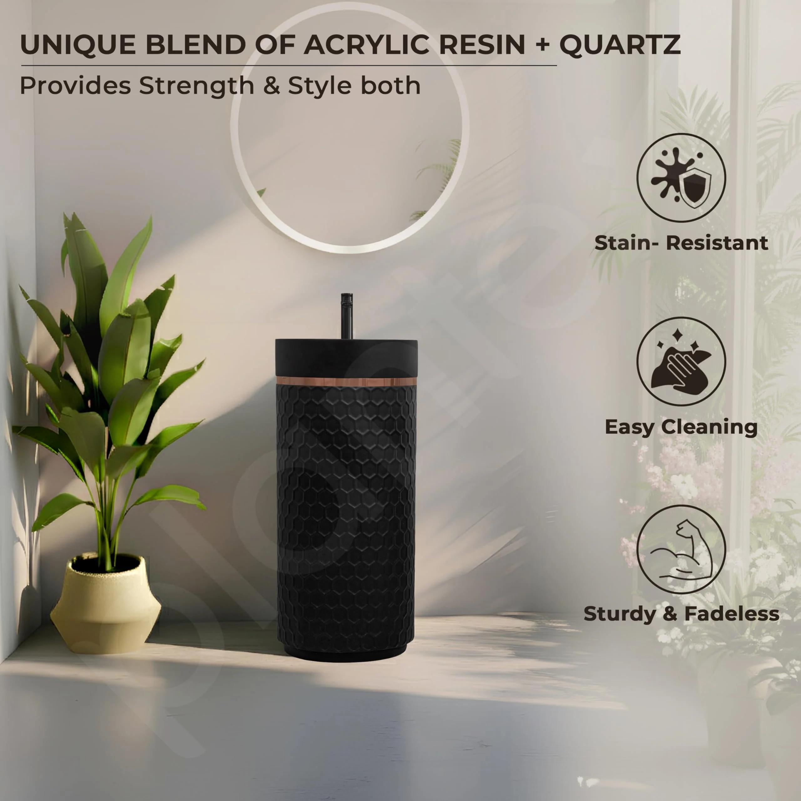 Plantex Acrylic Resin & Quartz Pedestal Basin for Bathroom/One Piece Pedestal Free Standing Round Wash Basin for living Room/Hotel (Black) - Image 2