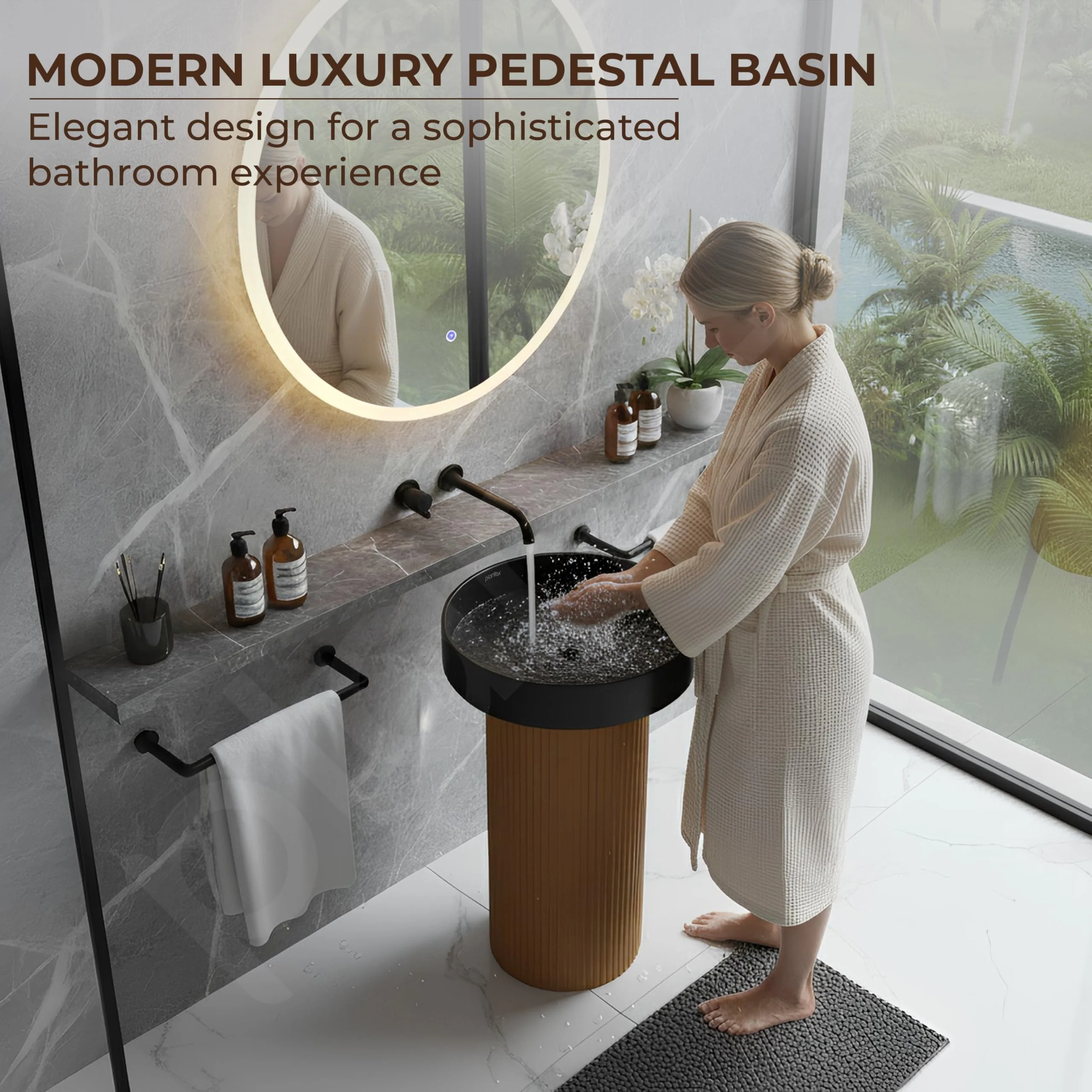 Plantex Acrylic Resin & Quartz Pedestal Basin for Bathroom/One Piece Pedestal Free Standing Round Wash Basin for living Room/Hotel (Black & Gold) - Image 3