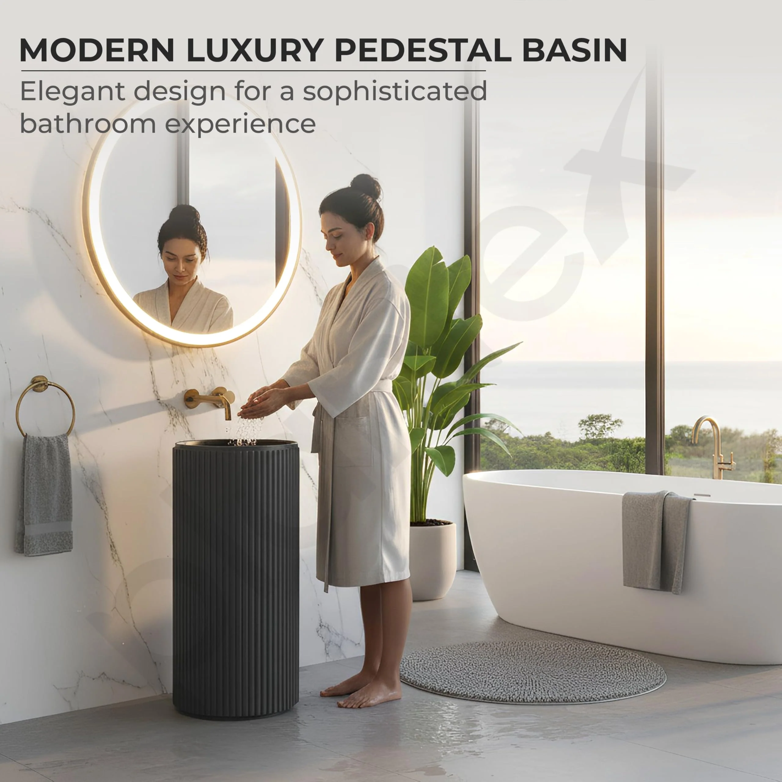 Plantex Acrylic Resin & Quartz Pedestal Basin for Bathroom/One Piece Pedestal Free Standing Round Wash Basin for living Room/Hotel (Grey) - Image 2
