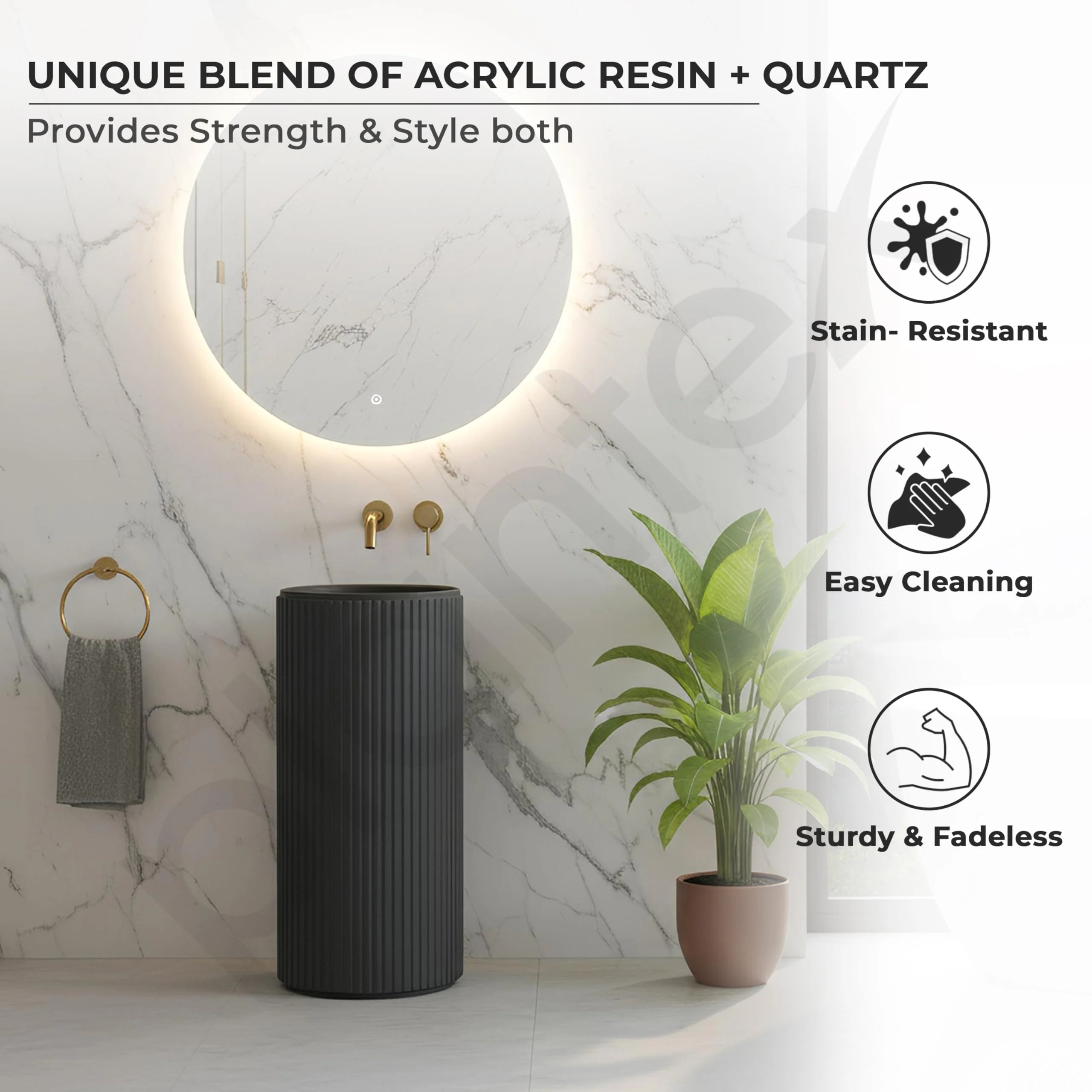 Plantex Acrylic Resin & Quartz Pedestal Basin for Bathroom/One Piece Pedestal Free Standing Round Wash Basin for living Room/Hotel (Grey) - Image 3