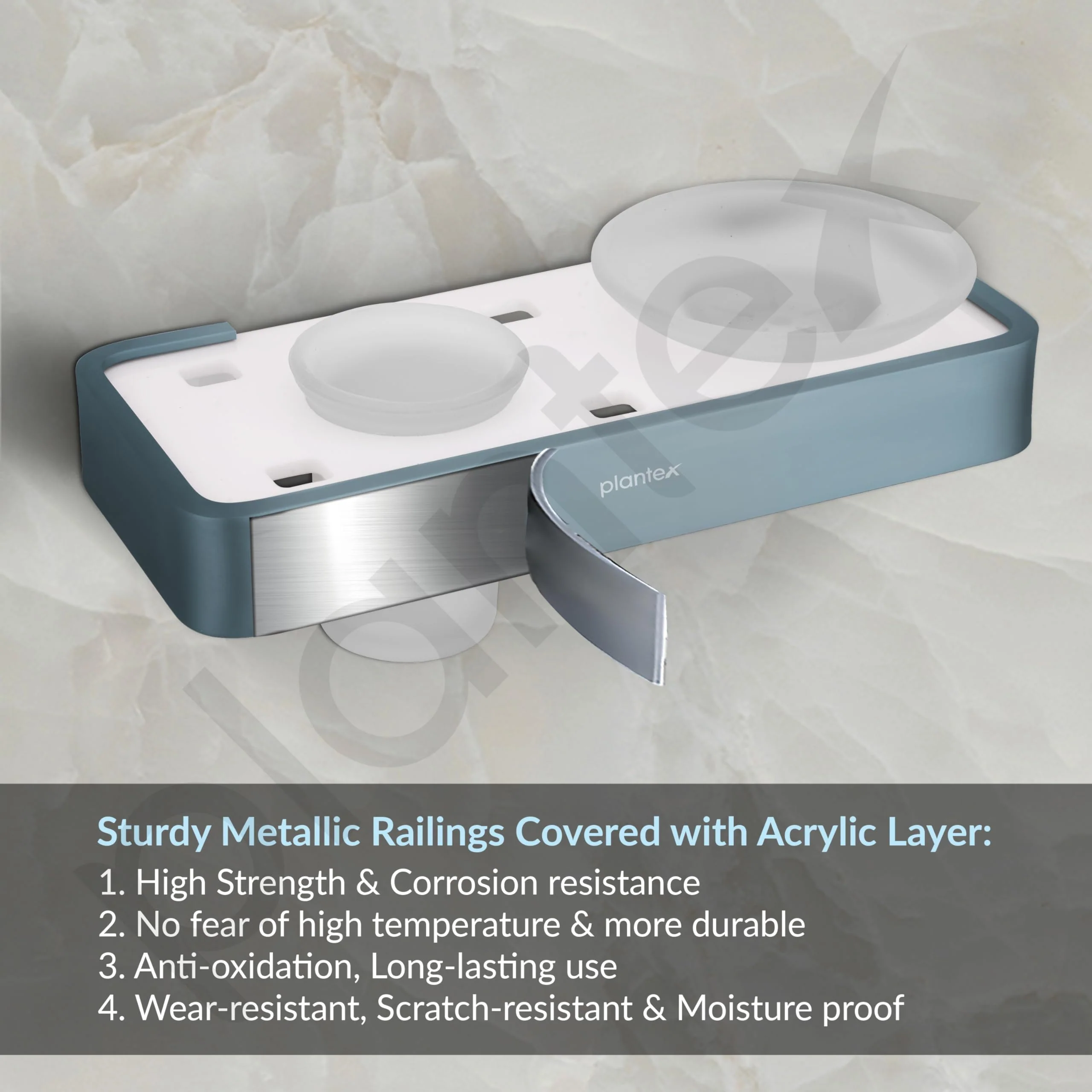 Plantex Aluminium and Acrylic Soap Holder with Tumbler Holder/Soap Dish with Toothbrush Holder for Bathroom/Soap Stand/Toothpaste Holder - (Grey and Milky White) - Image 4