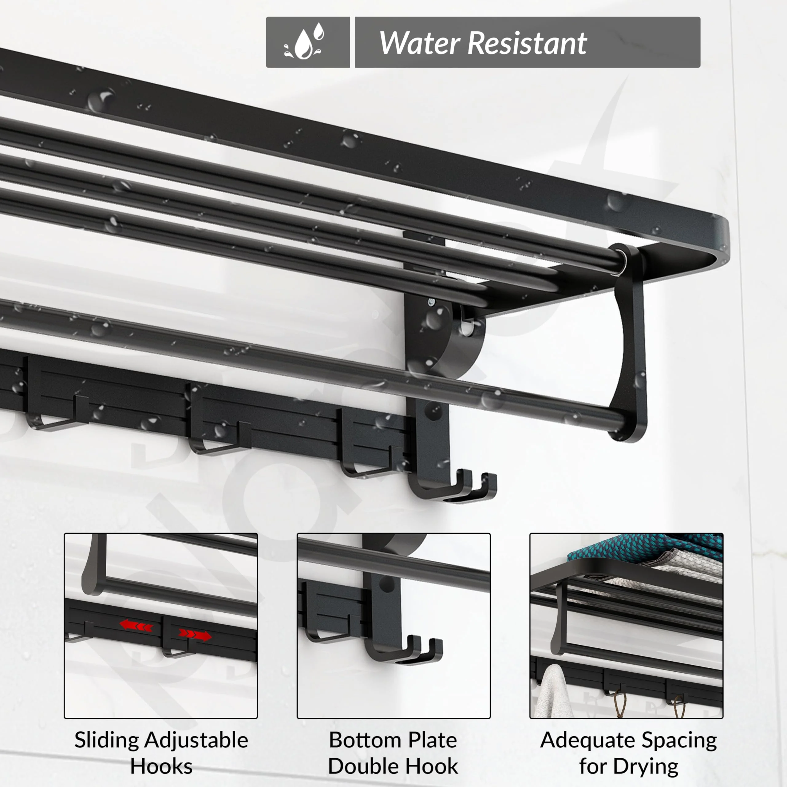 Plantex Aluminium Folding Towel Rack with Swivel Towel Rod/Towel Hanger for Bathroom/Towel Hanger with Hooks/Bathroom Accessories (24 Inch) Black - Image 3