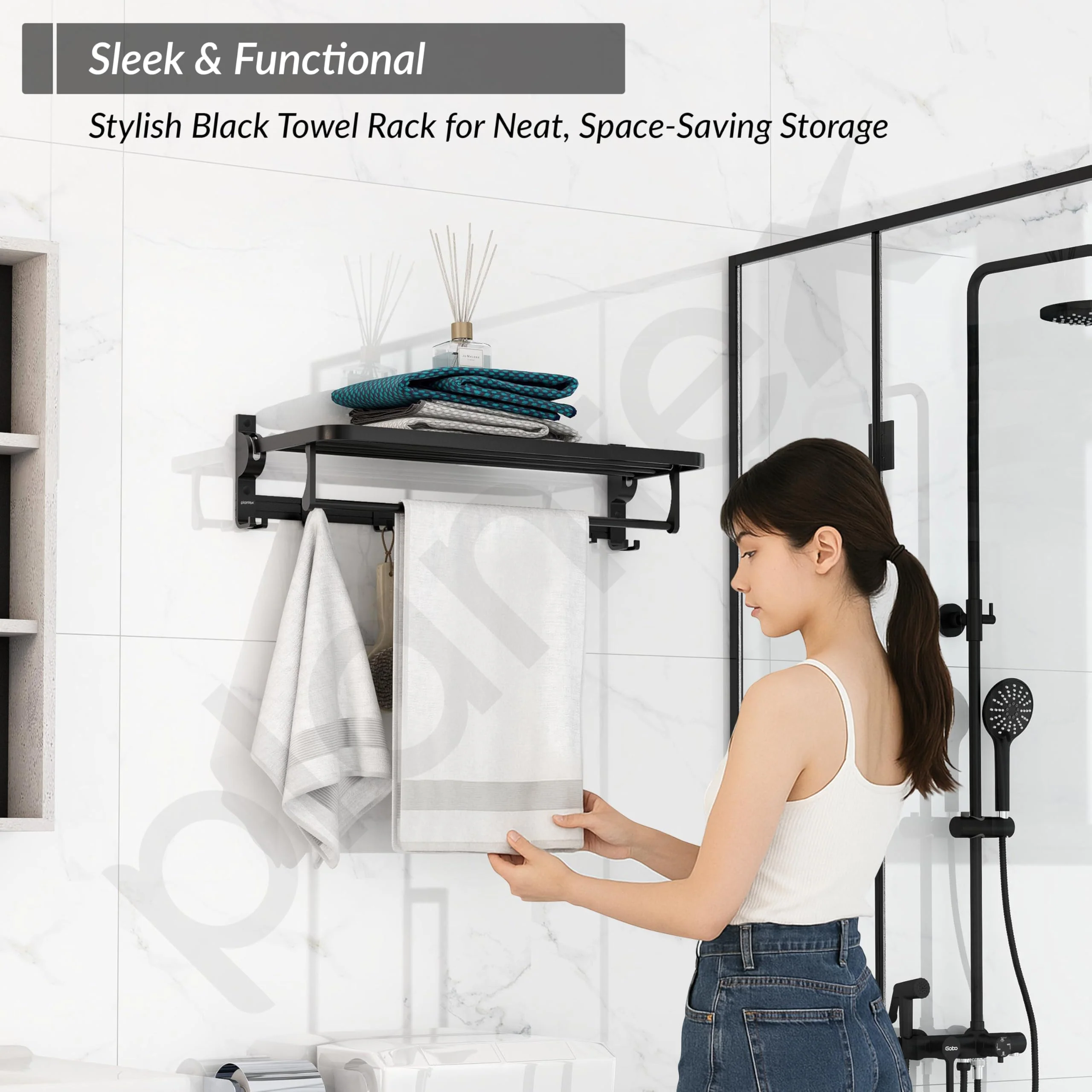 Plantex Aluminium Folding Towel Rack with Swivel Towel Rod/Towel Hanger for Bathroom/Towel Hanger with Hooks/Bathroom Accessories (24 Inch) Black - Image 7