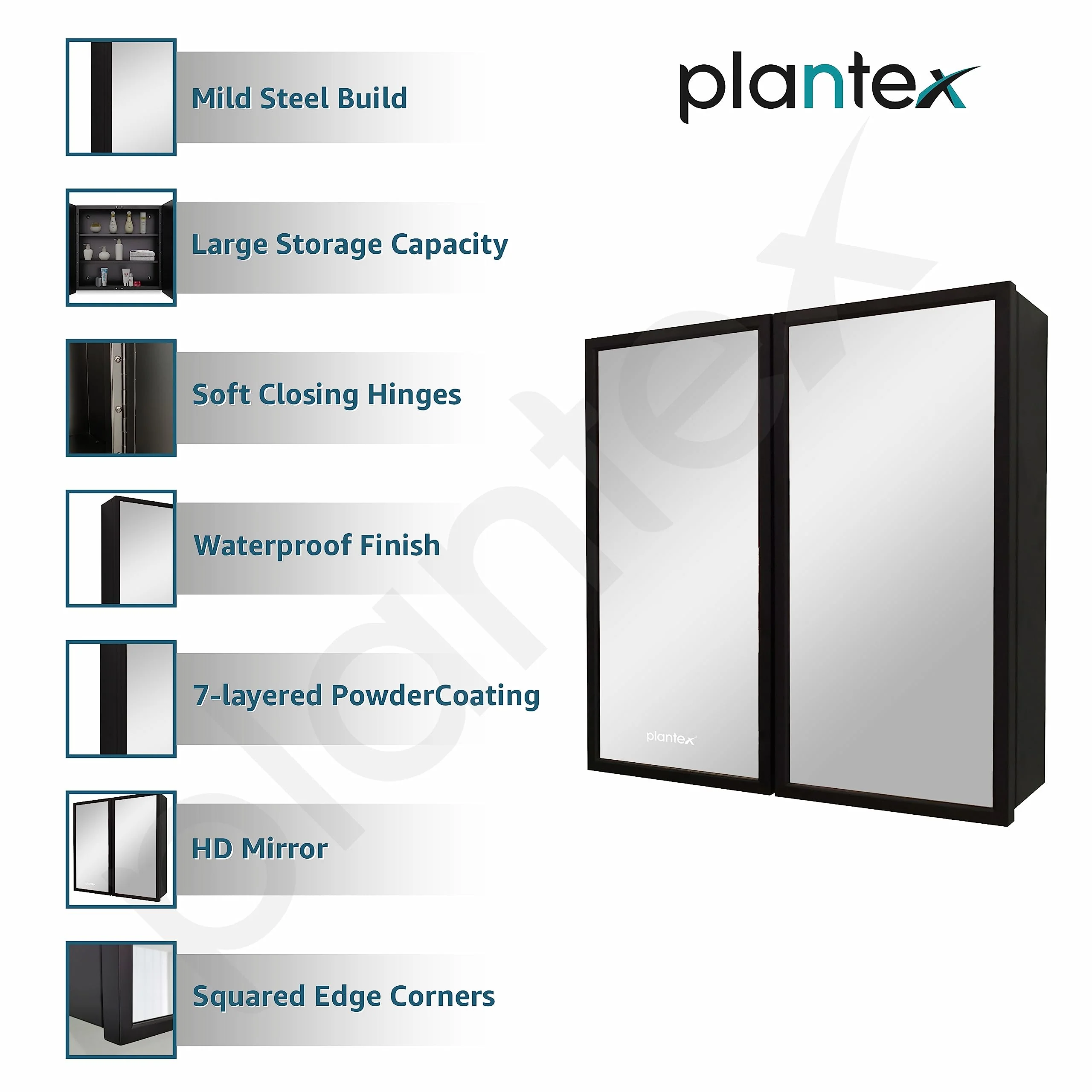 Plantex Aluminium Framed Bathroom Mirror with Storage/Double Door Heavy-Duty Steel Body Bathroom Shelf for Wall with Mirror - 18x18 Inch, Black - Image 5