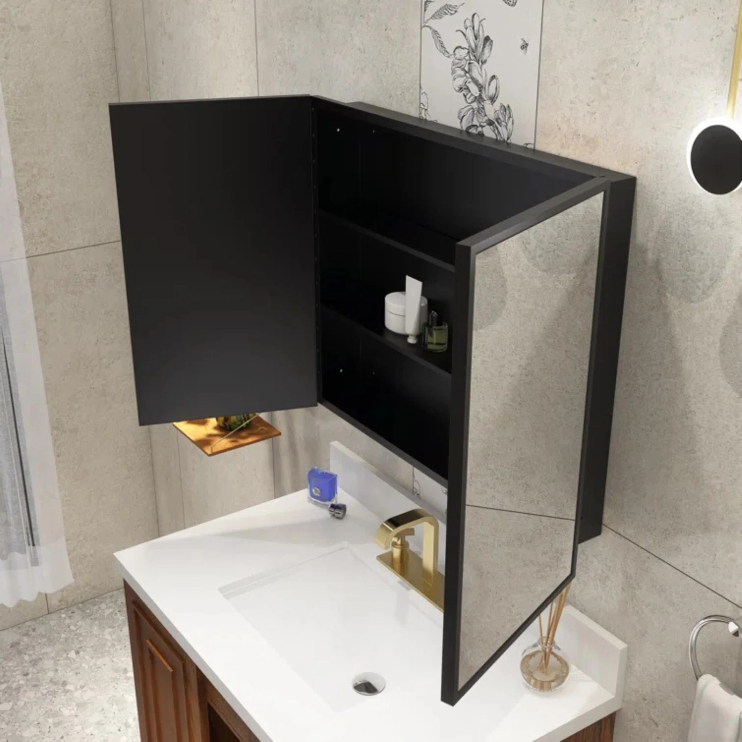 Plantex Aluminium Framed Mirror Box for Bathroom/Double Door Heavy-Duty Steel Body Mirror with Storage - 24x32 Inch, Black - Image 7