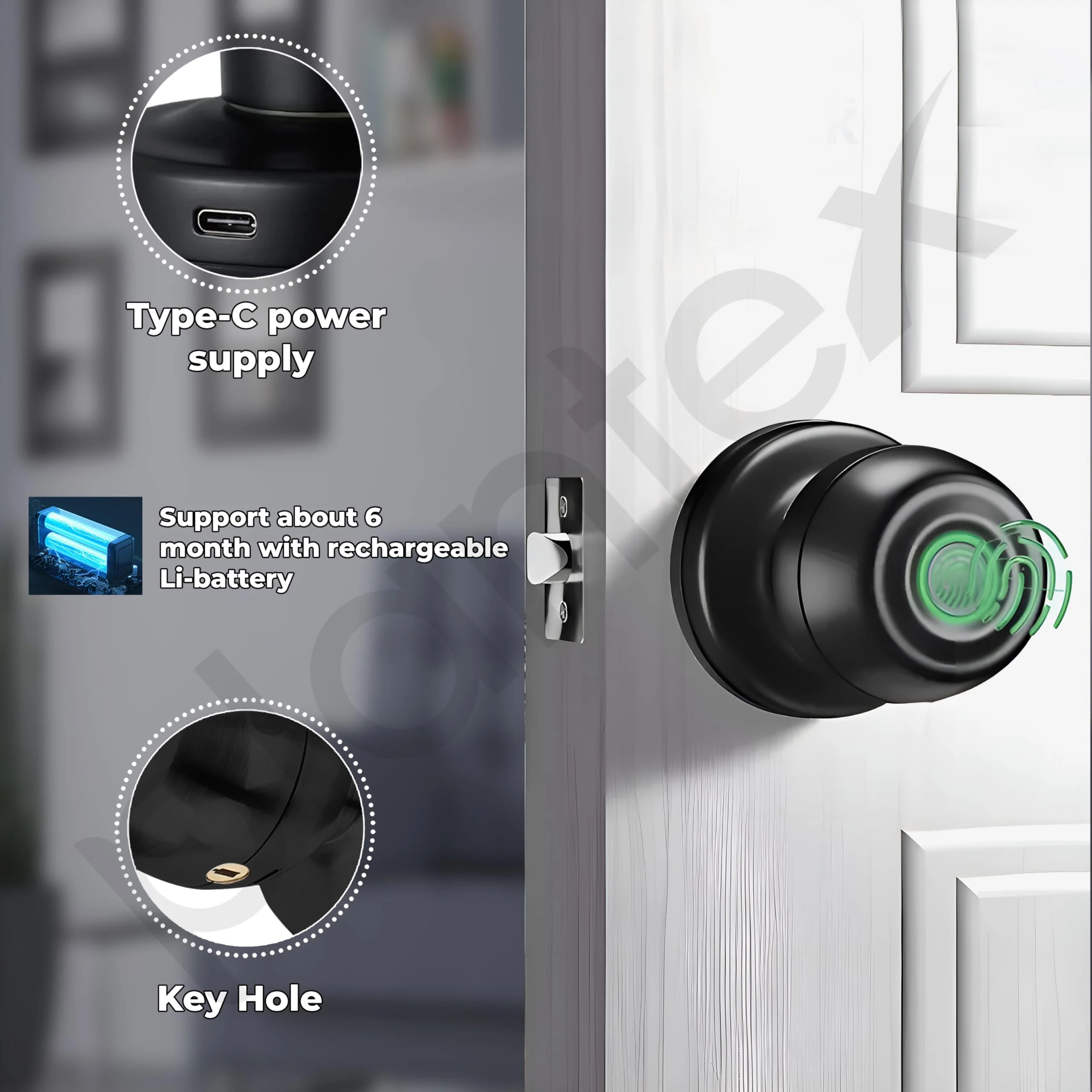 Plantex Aluminium Smart Door Lock/Cylindrical Smart Lock For Wooden Door/Digital Fingerprint Smart Door Lock With 2 Keys For Home/Office/Hotel - (Black) - Image 6