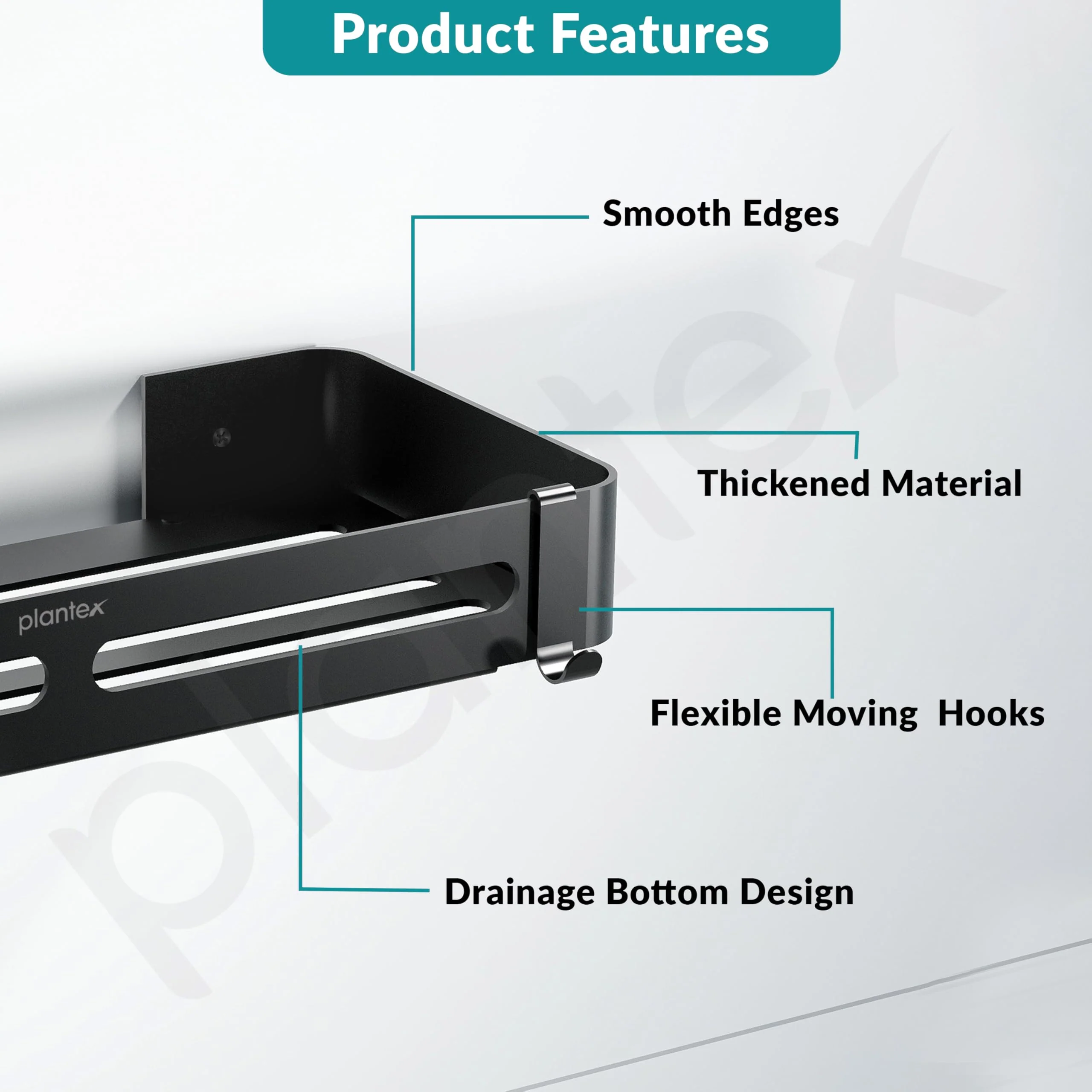 Plantex Aluminum Bathroom Shelf for Wall/Kitchen Shelf/Bathroom Wall Shelf with Moving Hooks/Bathroom Organizer with Drill/Rack-(12X5 Inch Matte Black Finish) - Image 6