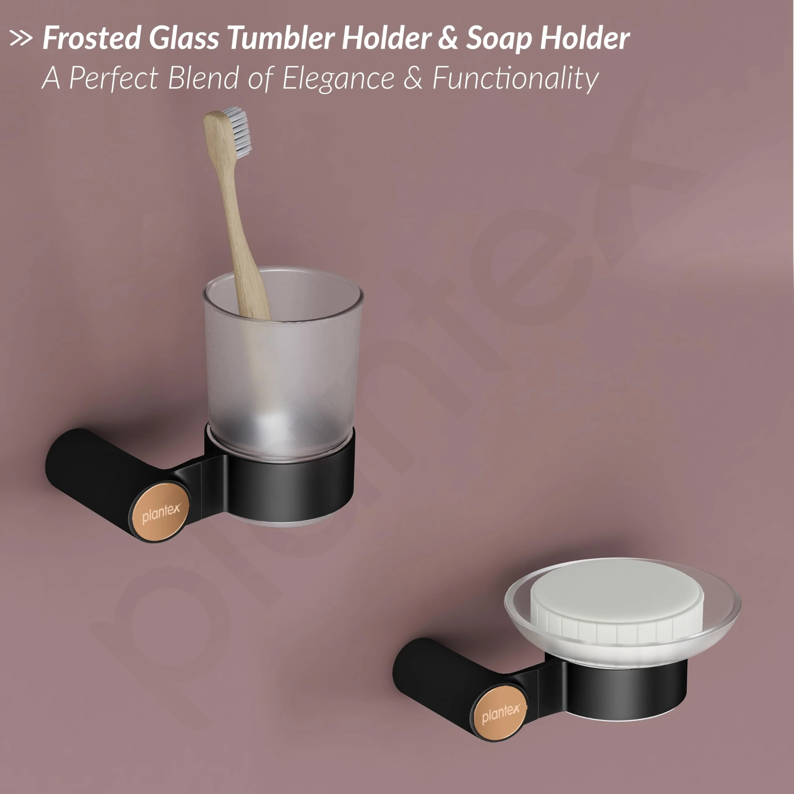 Plantex Bathroom Accessories Set/Frosted Glass Soap Holder & Tumbler Holder/Towel Rod/Napkin Holder/Robe Hook/Bathroom Accessories - Set of 5 (Black & Rose Gold) - Image 6