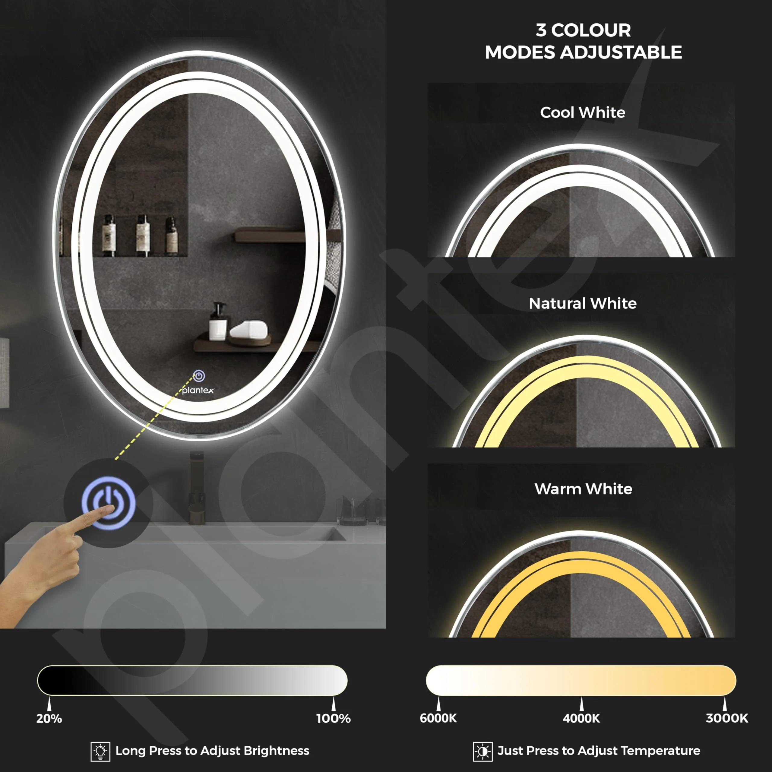 Plantex Bathroom Mirror with LED 3 Lights Tone/Designer Mirror for Living Room/Bedroom/Dressing Room - Oval Shape (18 X 24 Inch) - Image 4
