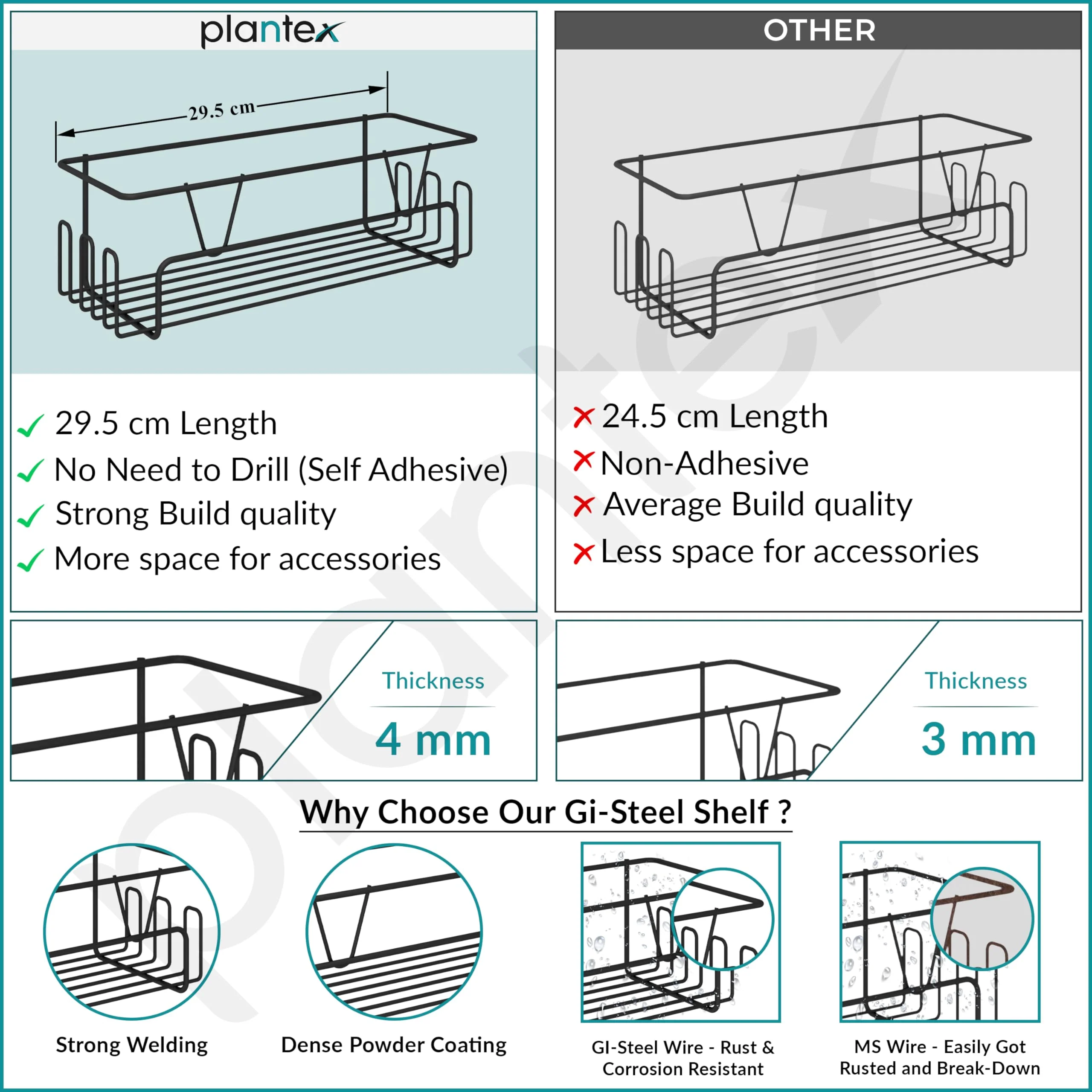 Plantex Bathroom Organiser Without Drill/Self Adhesive Bathroom Shelf for Wall/GI Steel Rack with Side Hooks & Magic Sticker/Bathroom Accessories Set (Black, Powder Coated) - Pack of 3 - Image 5