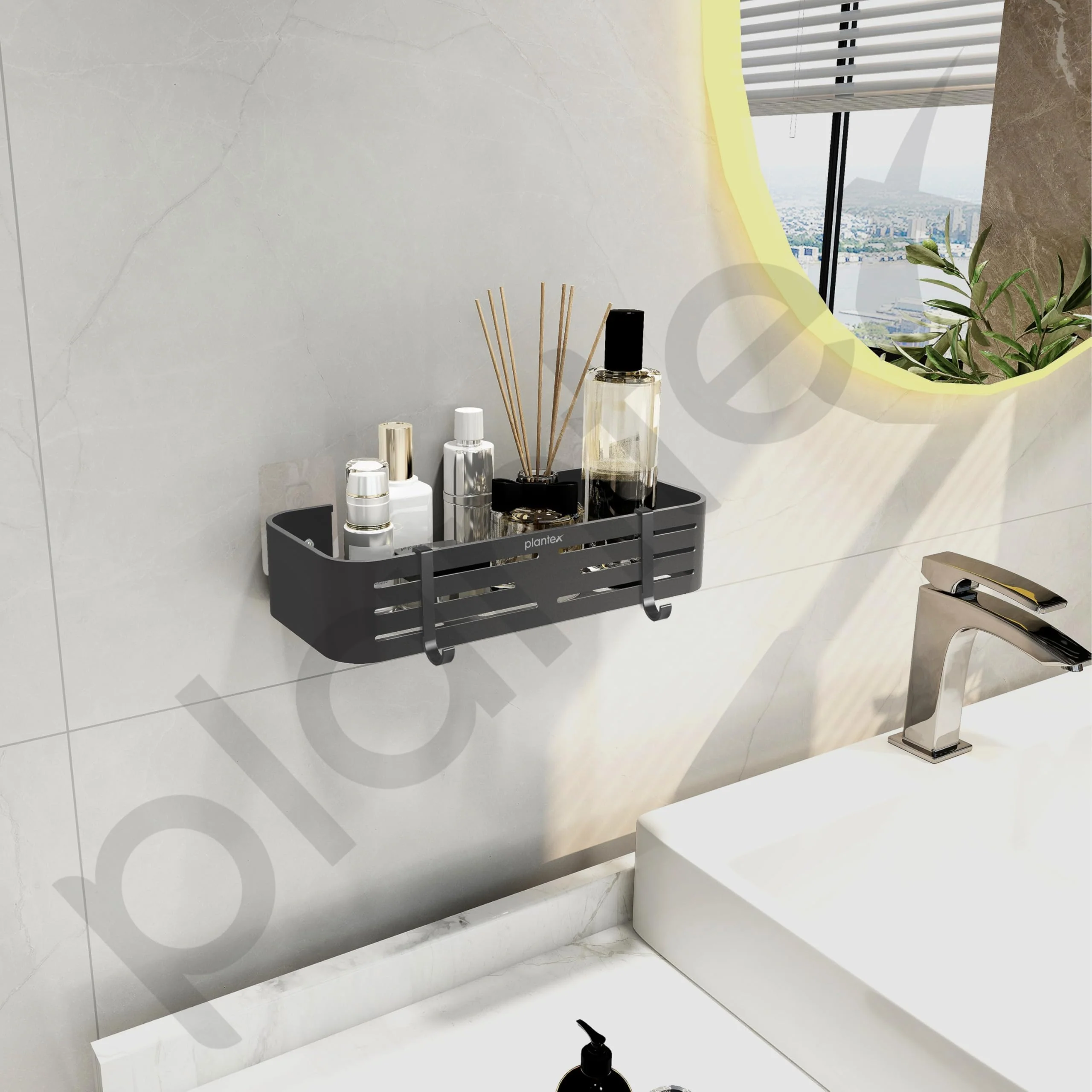 Plantex Bathroom Organizer Without Drill/Aluminium Wall Mounted Rack for Kitchen with Removable Hook/Self Adhesive Shelf for Bathroom- Pack of 1 (12 x 5 Inch - Matt Grey) - Image 2