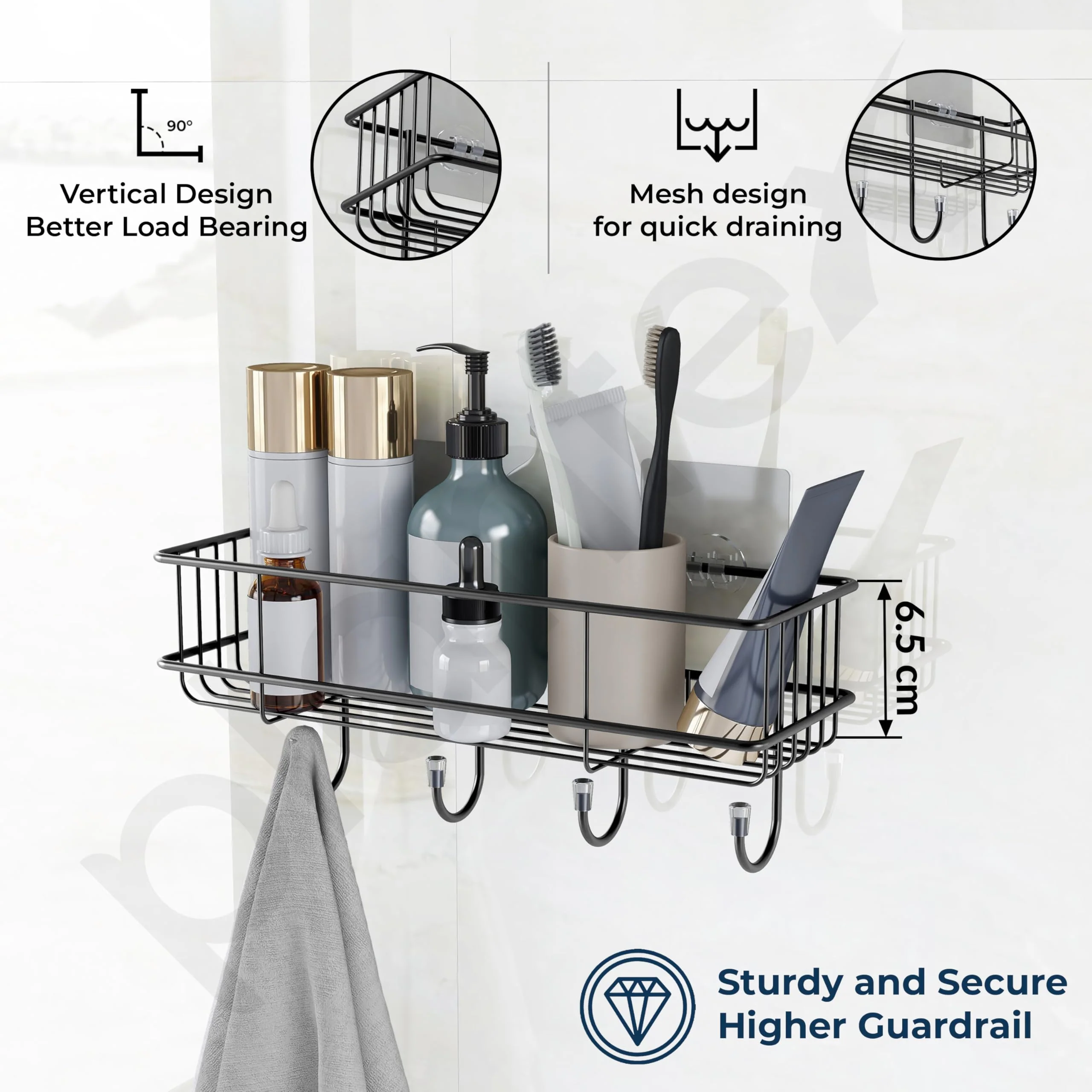 Plantex Bathroom Organizer Without Drill/GI Steel Self Adhesive Bathroom Shelf for Wall with Magic Stickers - Pack of 1 (Black, CED Powder Coated) - Image 7