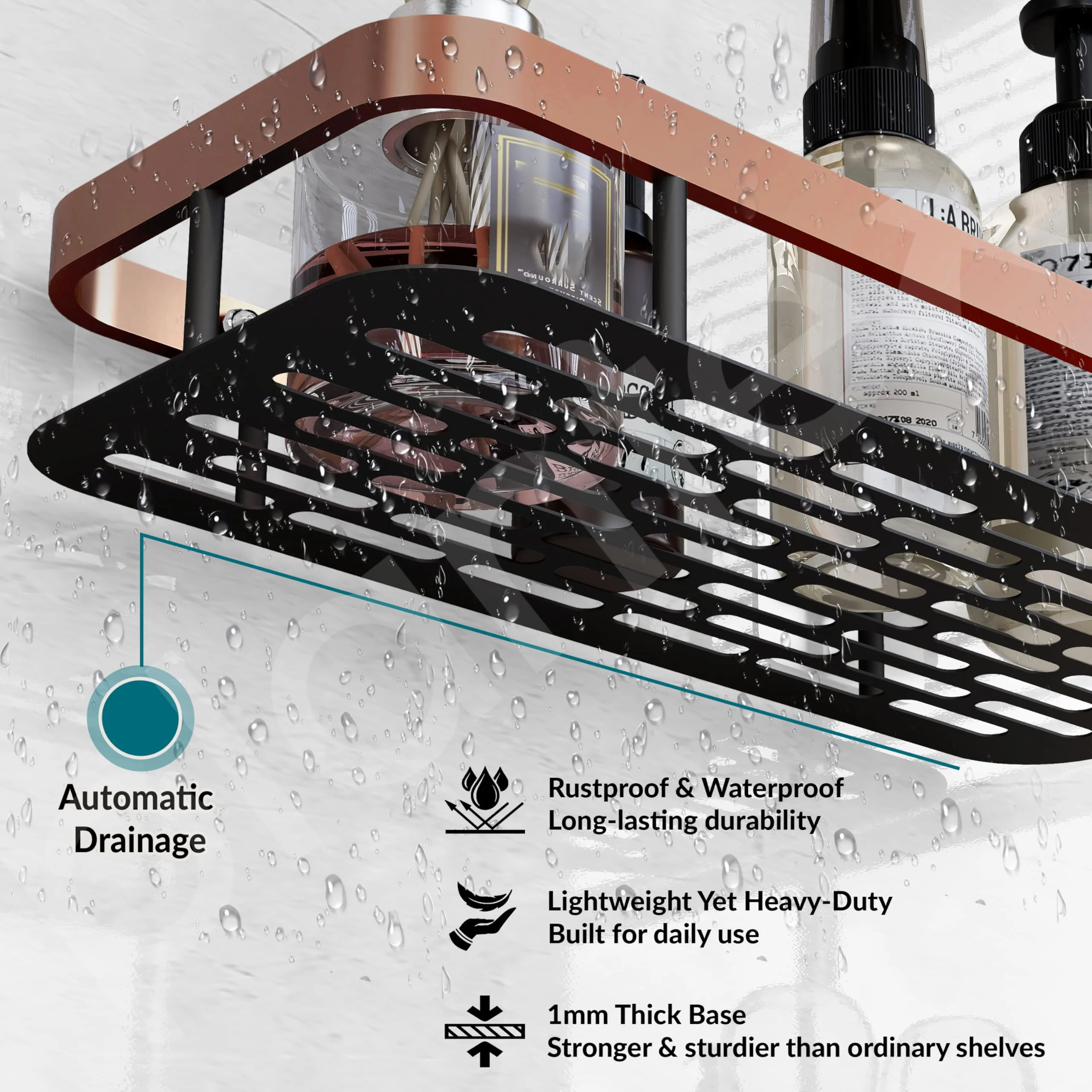 Plantex Bathroom Organizer Without Drill/Self Adhesive Stainless Steel Shelf For Bathroom with Aluminium Railing- Pack of 1 (12x5 inches, Copper & Black) Wall Mount, Bracket Shelf - Image 2